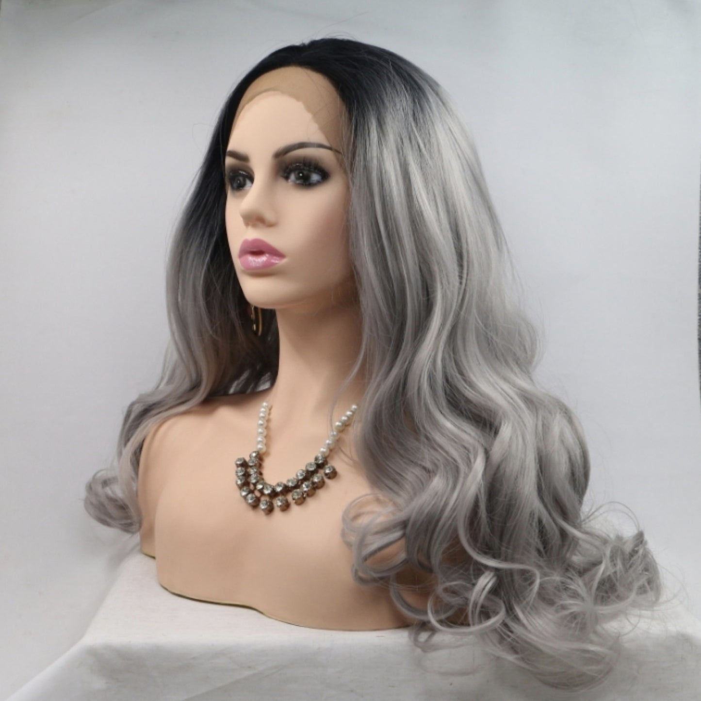 24'' Gray/Black Ombre Lace Front Synthetic Long Wave Wig