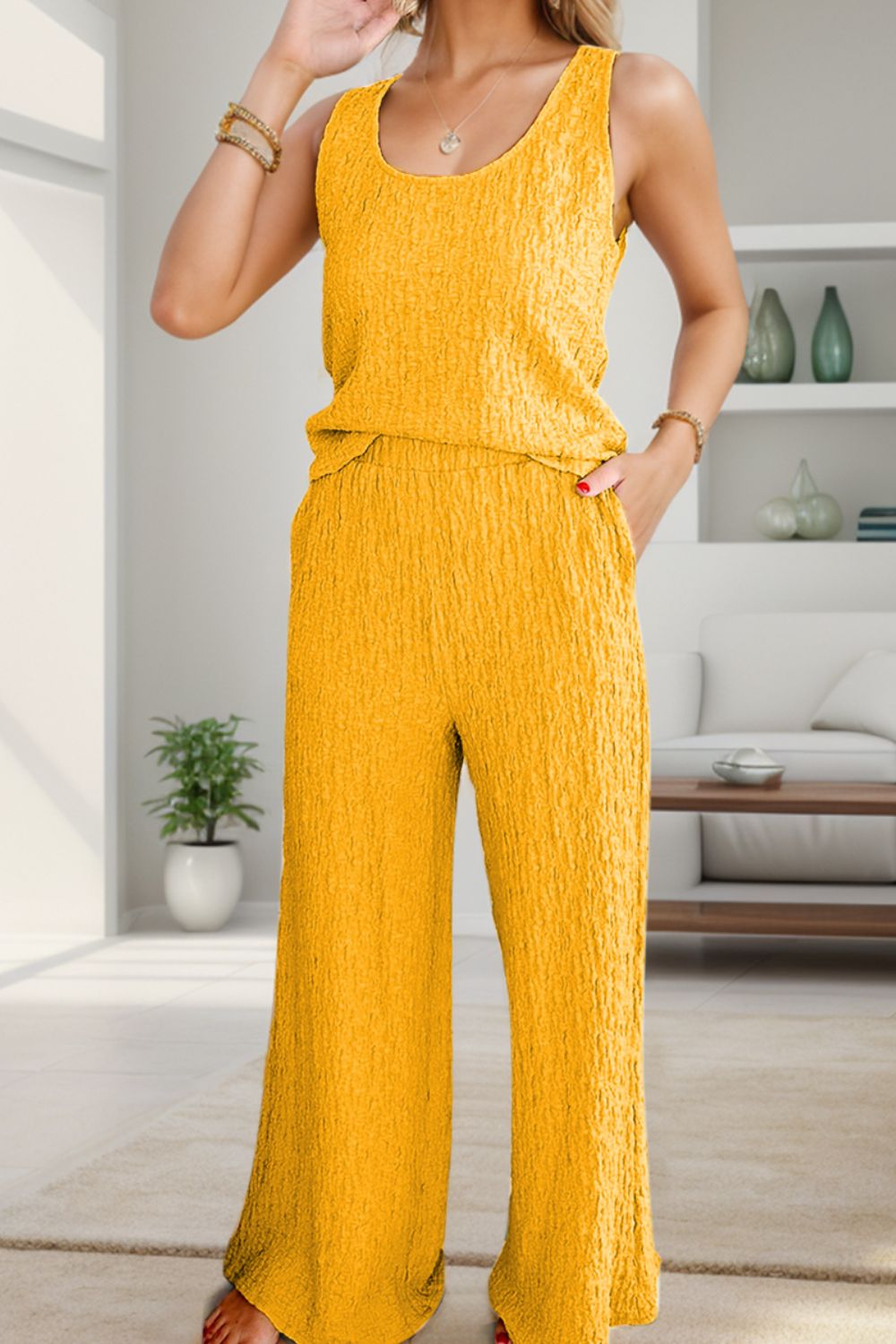 Textured Round Neck Top and Wide Leg Pants Set