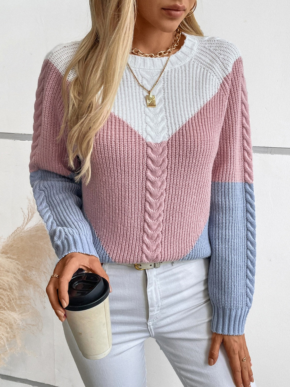 Color Block Round Neck Long Sleeve Sweater