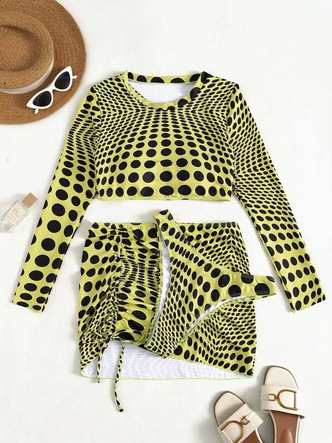 Polka Dot Long Sleeve Three-Piece Swim Set (2 Variants)