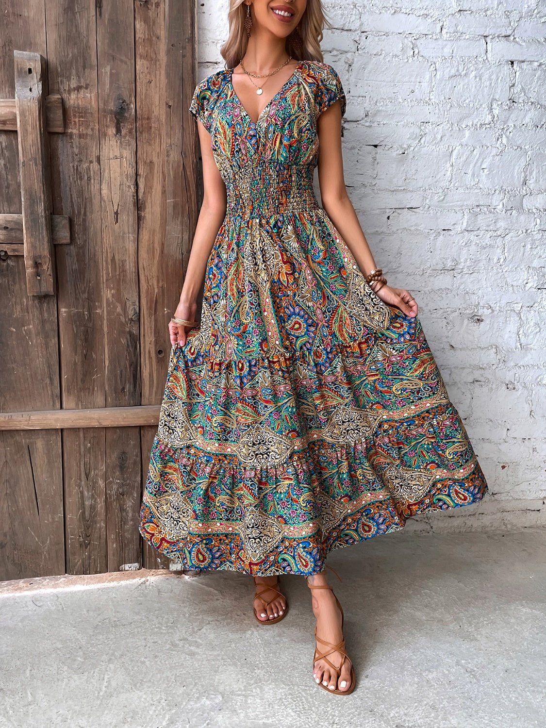 Smocked Printed Cap Sleeve Midi Dress (2 Variants)