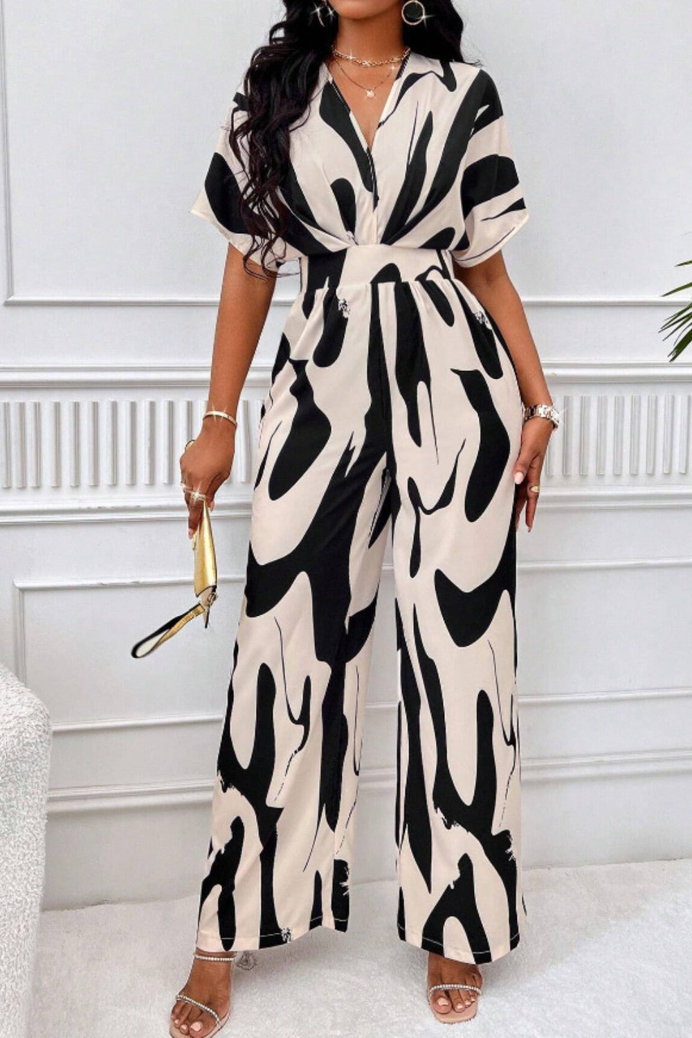 Printed V-Neck Short Sleeve Wide Leg Jumpsuit (4 Variants)