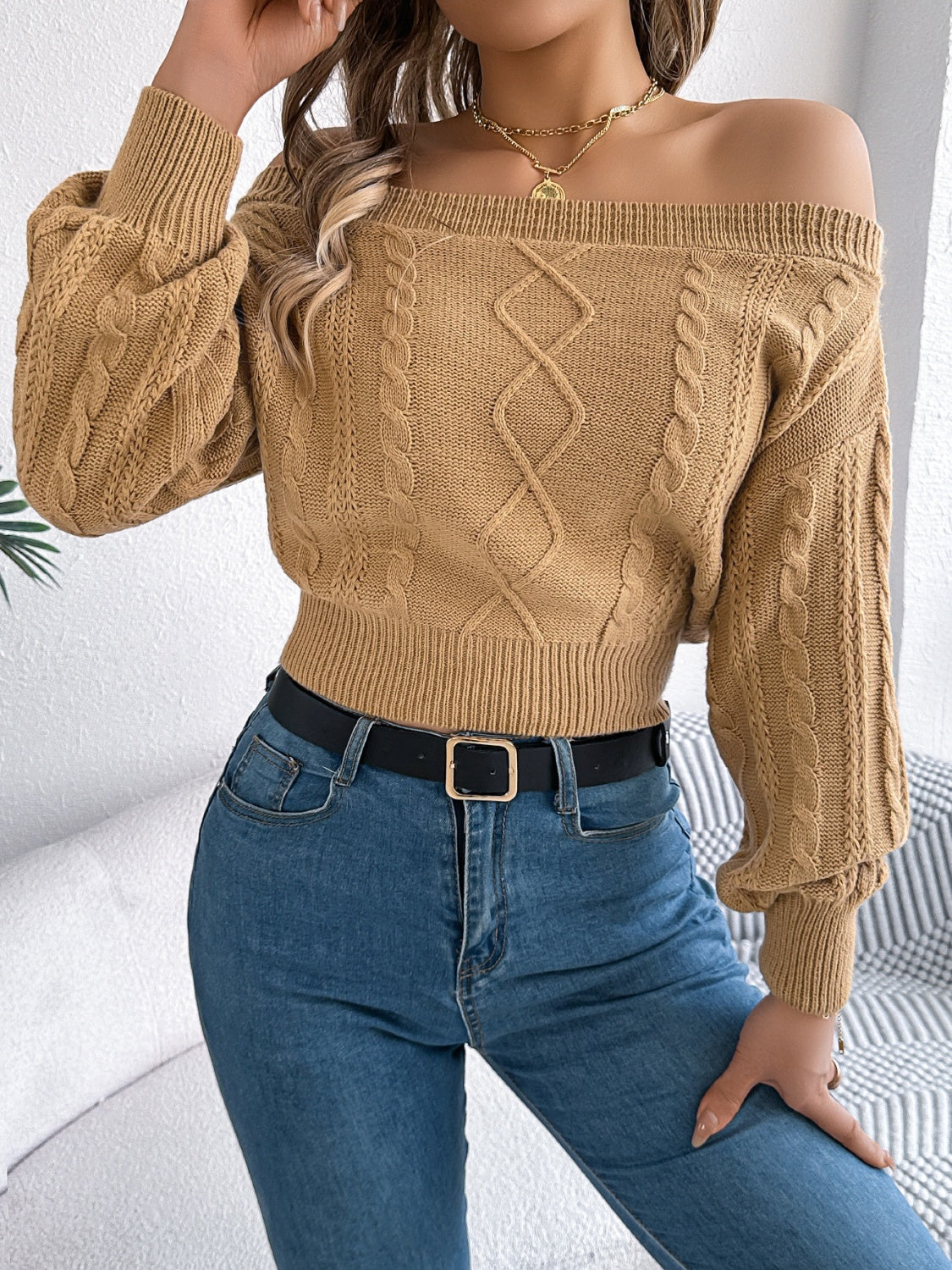 Cable Knit Off-Shoulder Long Sleeve Sweater