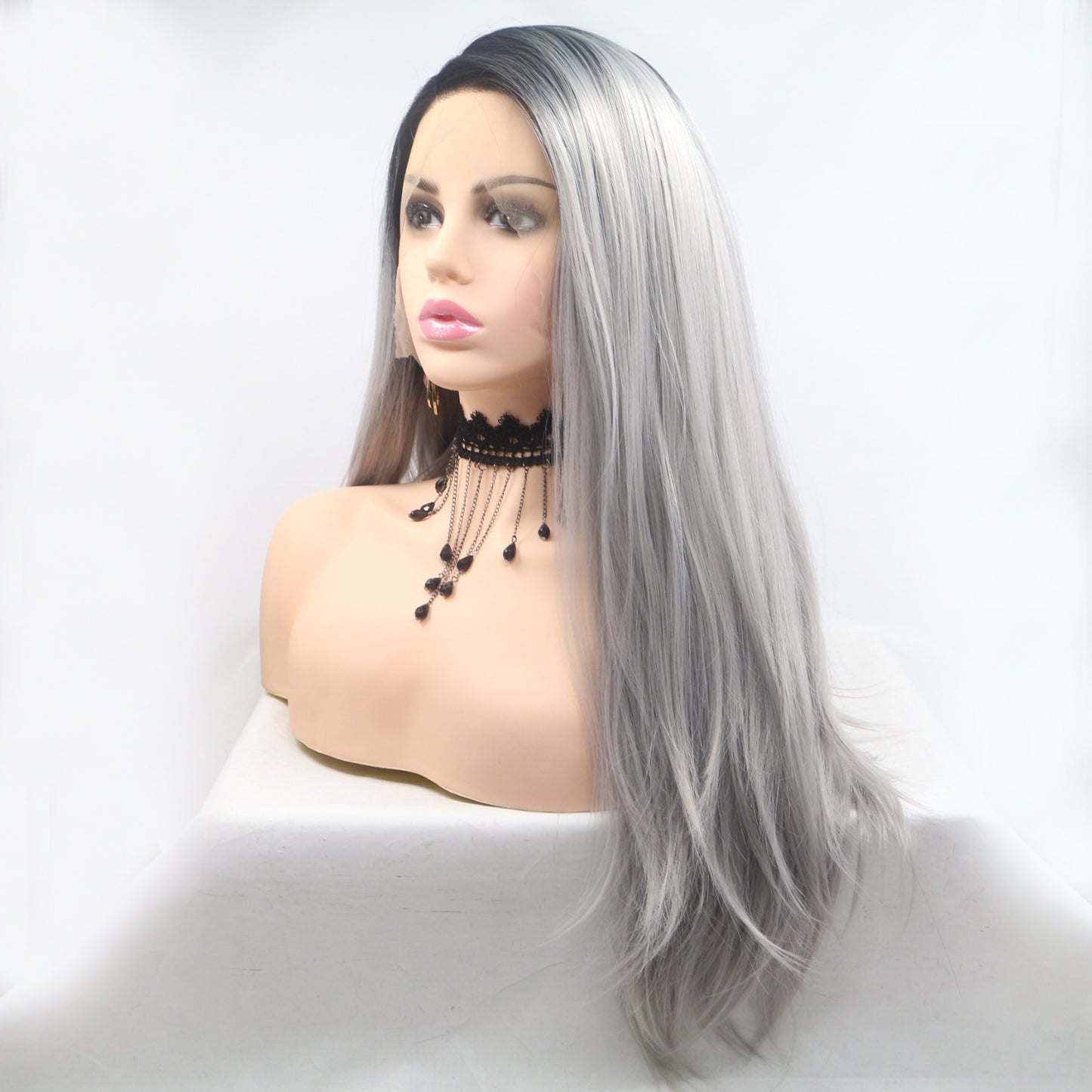 24" Gray/Black Root Long Straight Lace Front Synthetic Wig