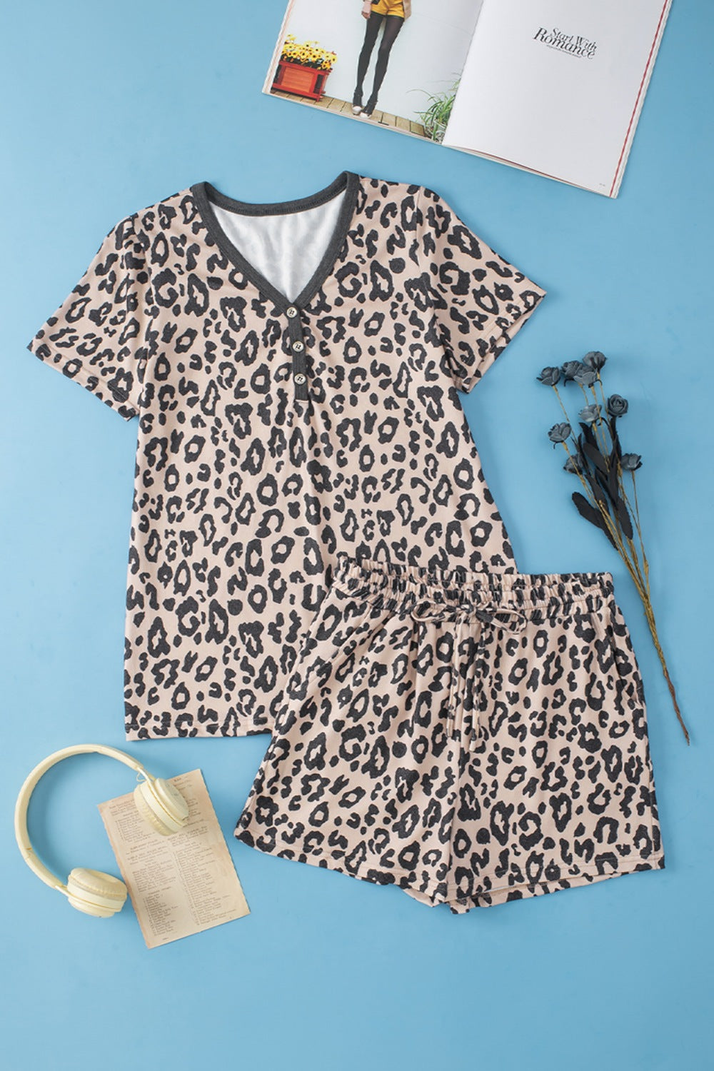 Leopard V-Neck Top and Shorts Set