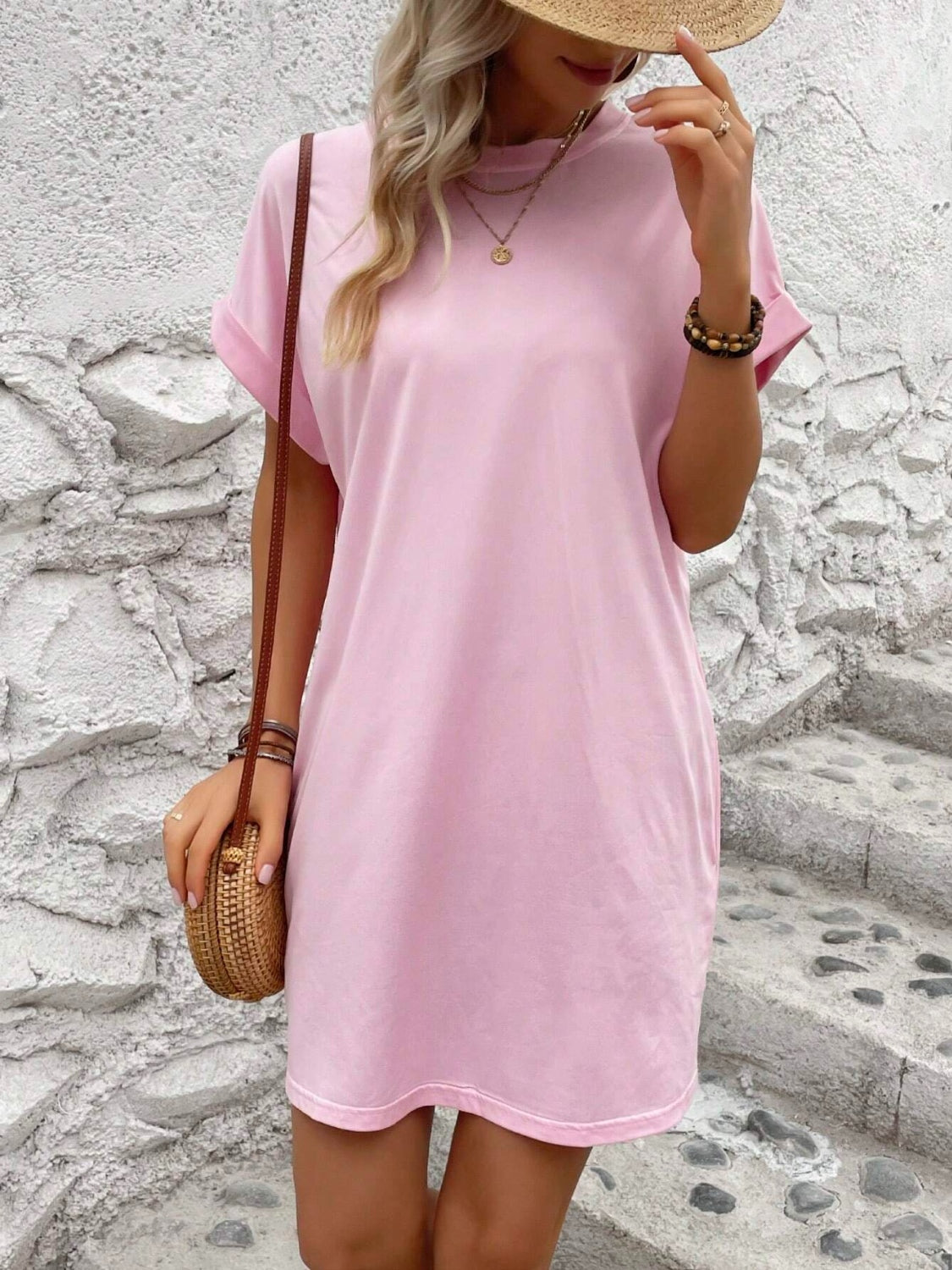 Round Neck Short Sleeve Mini Dress (8 Variants)