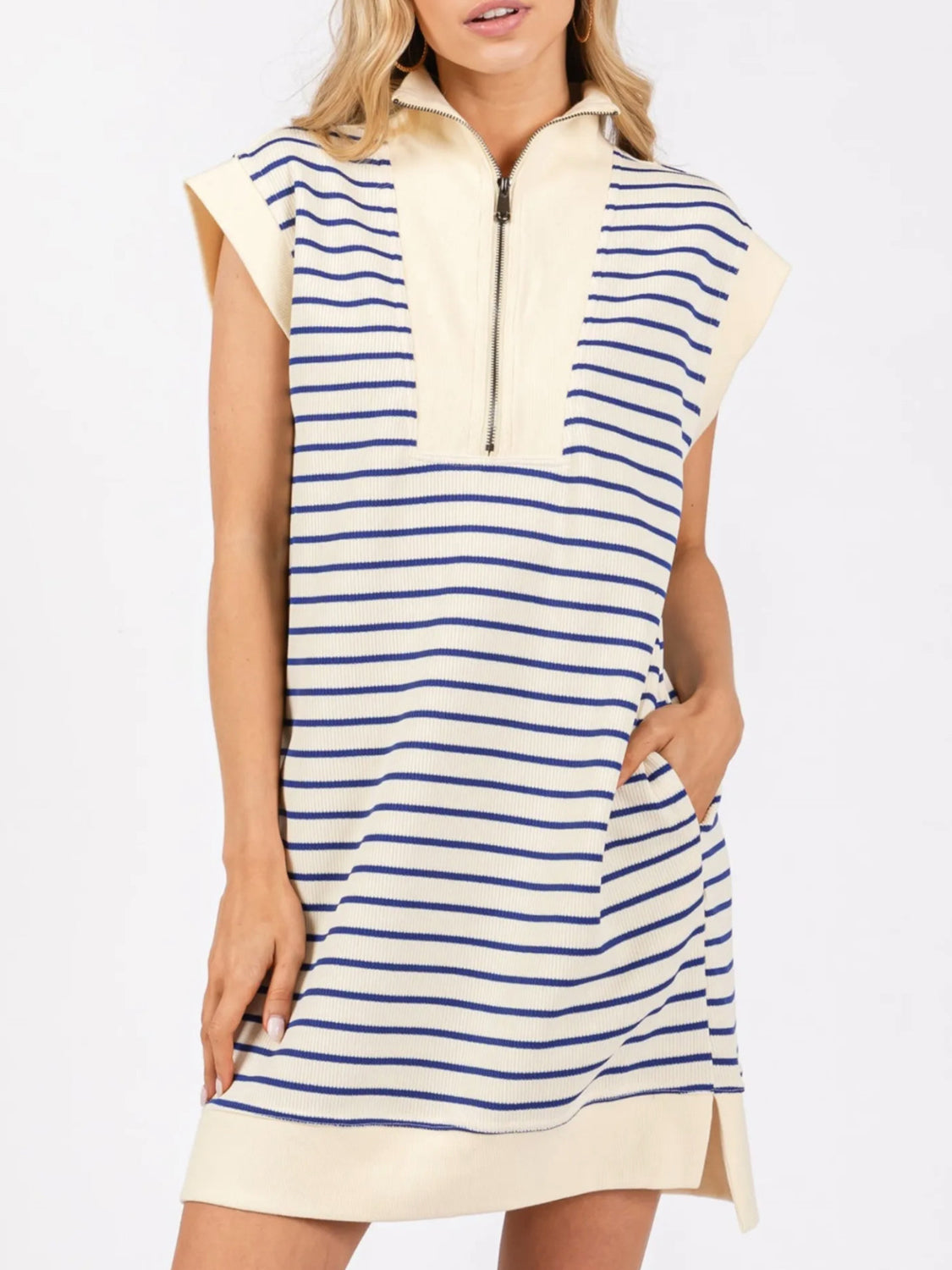 Full Size Pocketed Striped Quarter Zip Cap Sleeve Dress