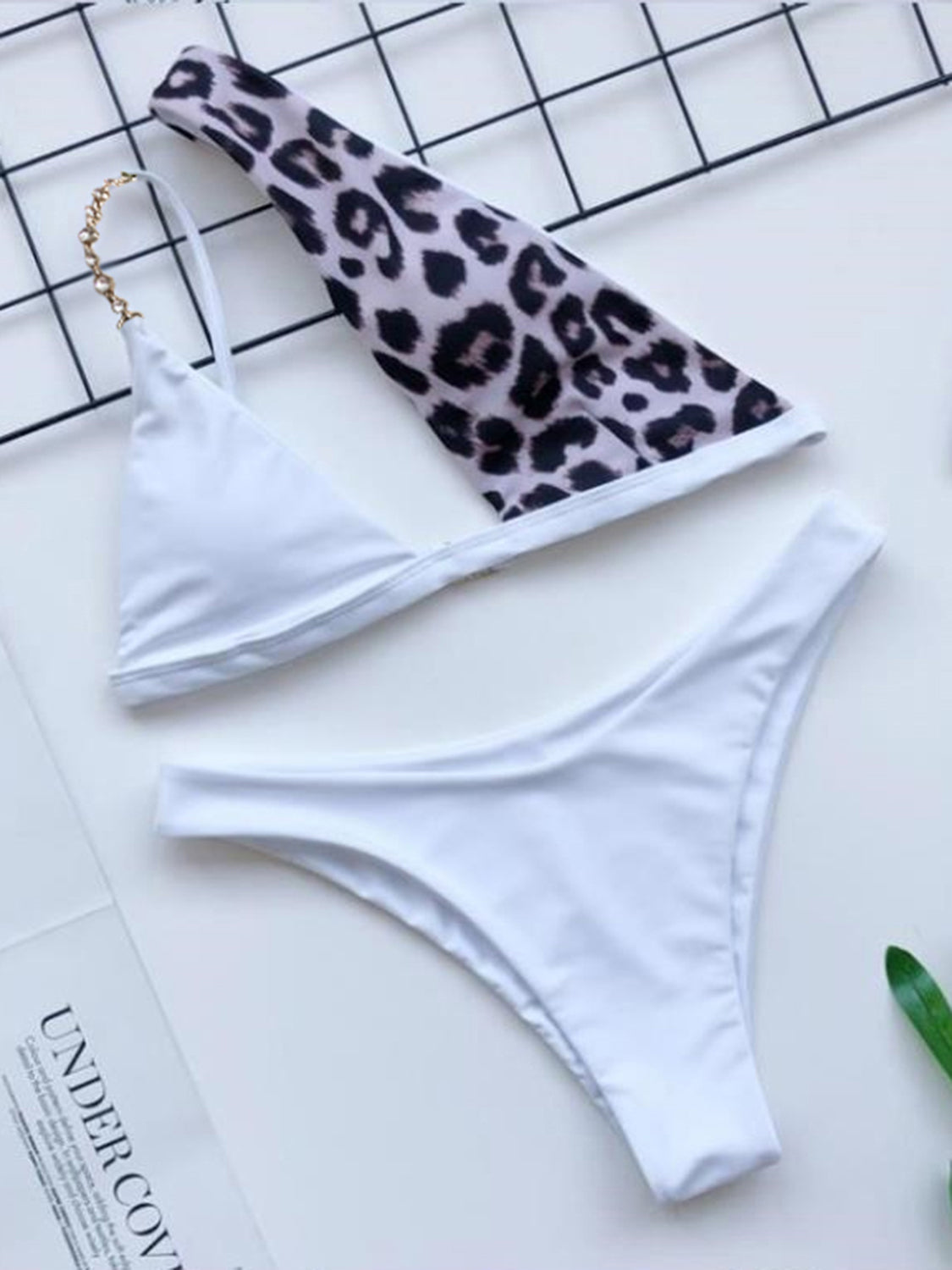 White/Leopard Shoulder Two-Piece Swim Bikini Set