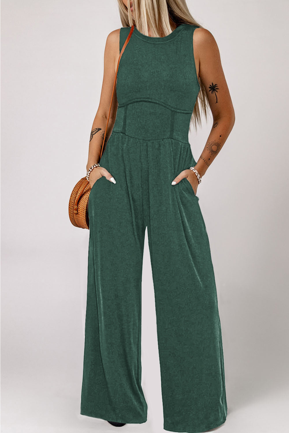 Round Neck Sleeveless Jumpsuit w/Pockets (2 Variants)