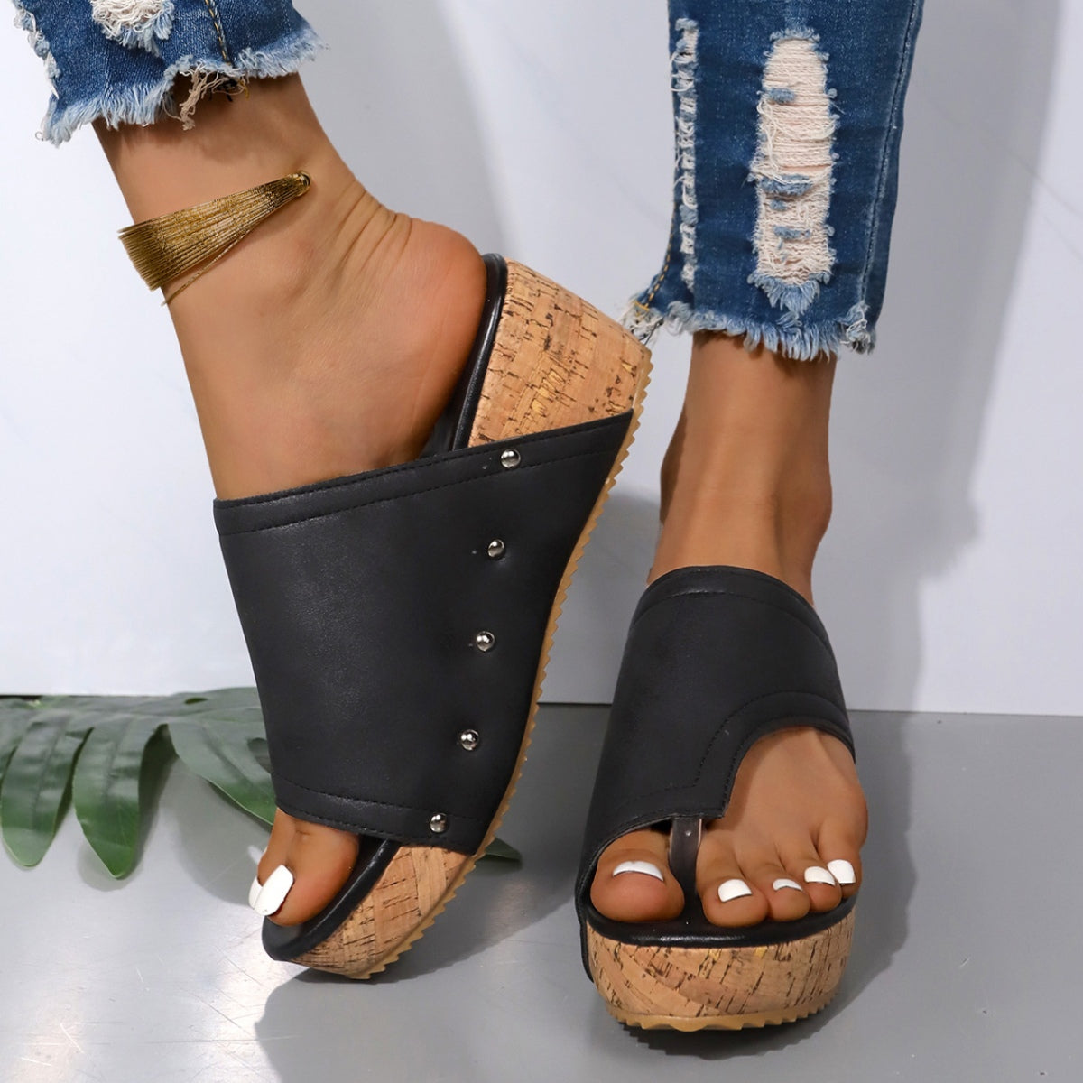 Wrapped Toe Studded Wedge Sandals (3 Variants)