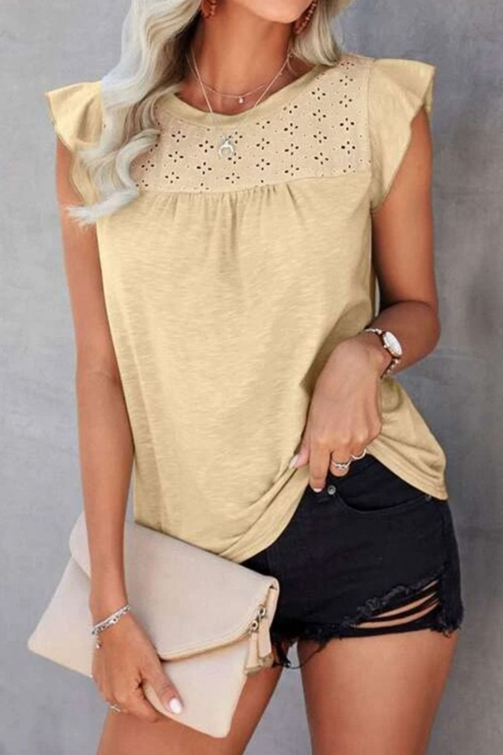 Ruffled Round Neck Cap Sleeve T-Shirt