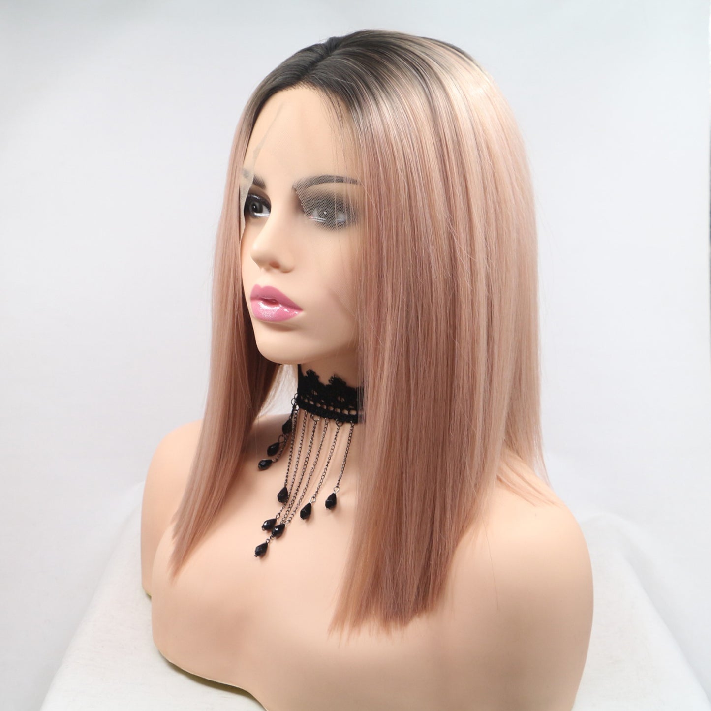 12" Blonde/Pink/Brown Root Straight Lace Front Synthetic Mid-length Wig