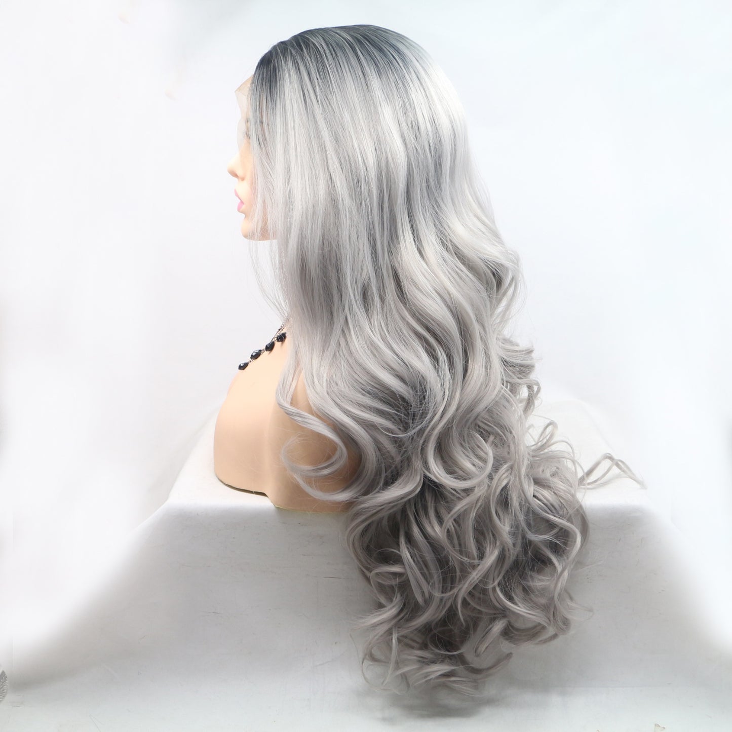 24'' Gray/Black Roots Deep Spiral Wave Lace Front Synthetic Wig