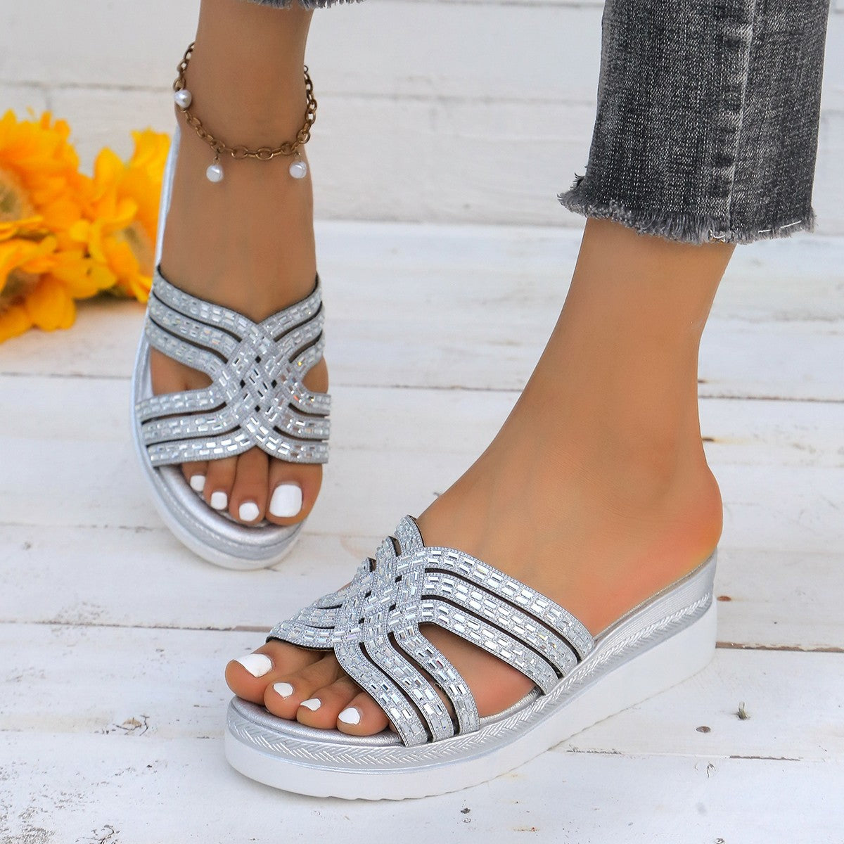 Rhinestone Open Toe Wedge Sandals (2 Variants)