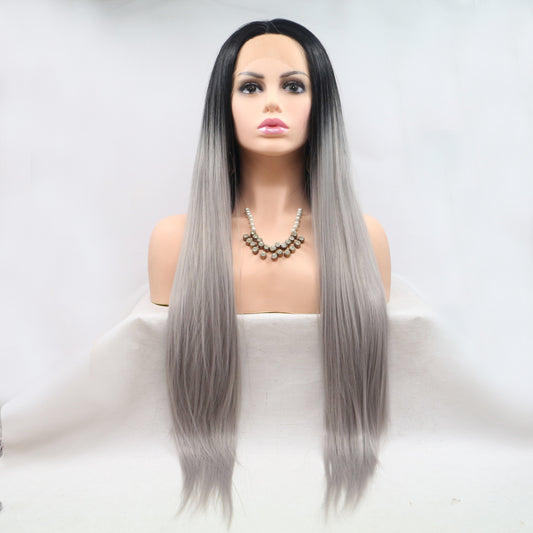 24'' Gray/Black Ombre Long Straight Lace Front Synthetic Wig