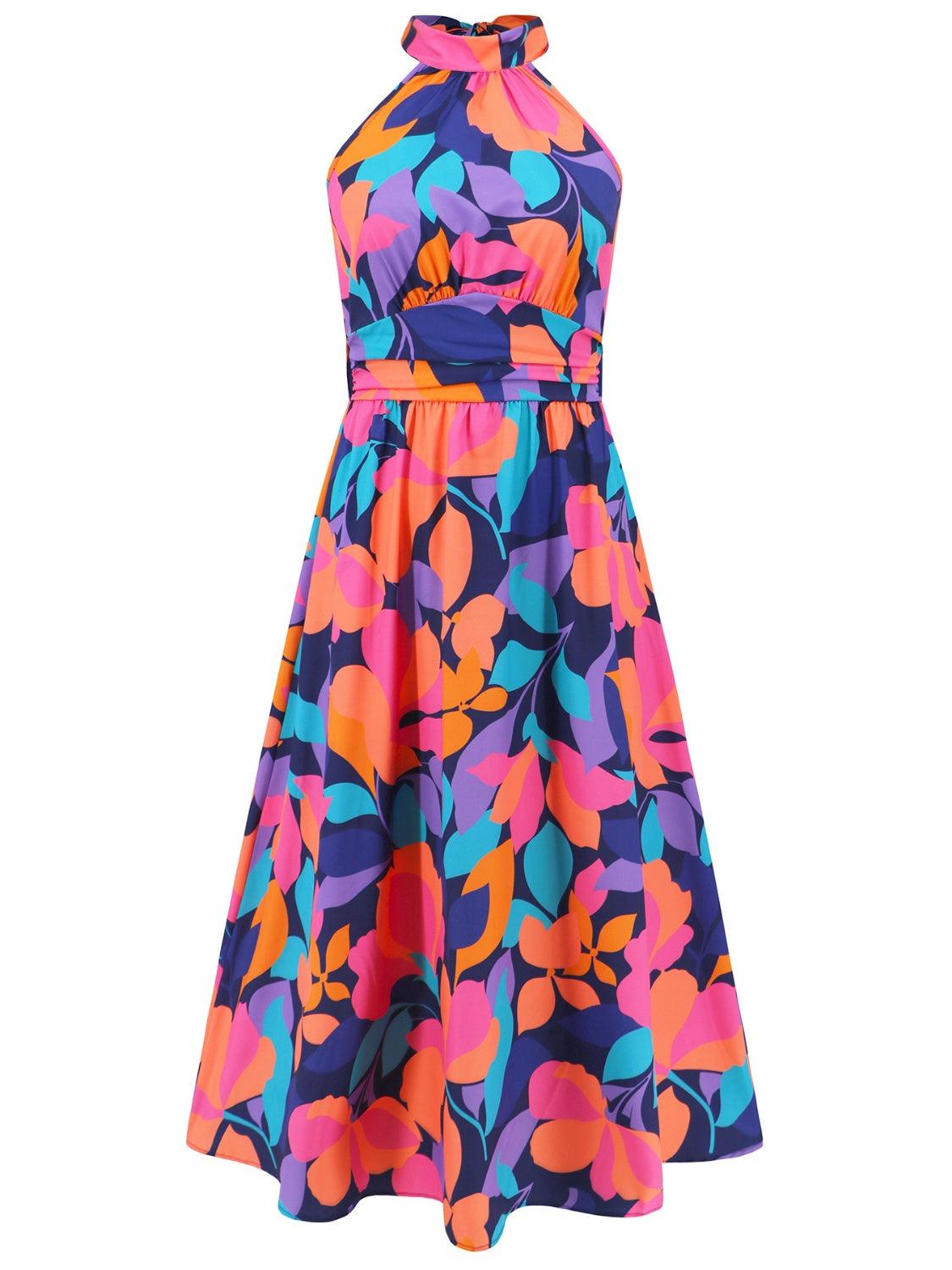 Ruched Printed Halter Neck Sleeveless Dress (4 Variants)