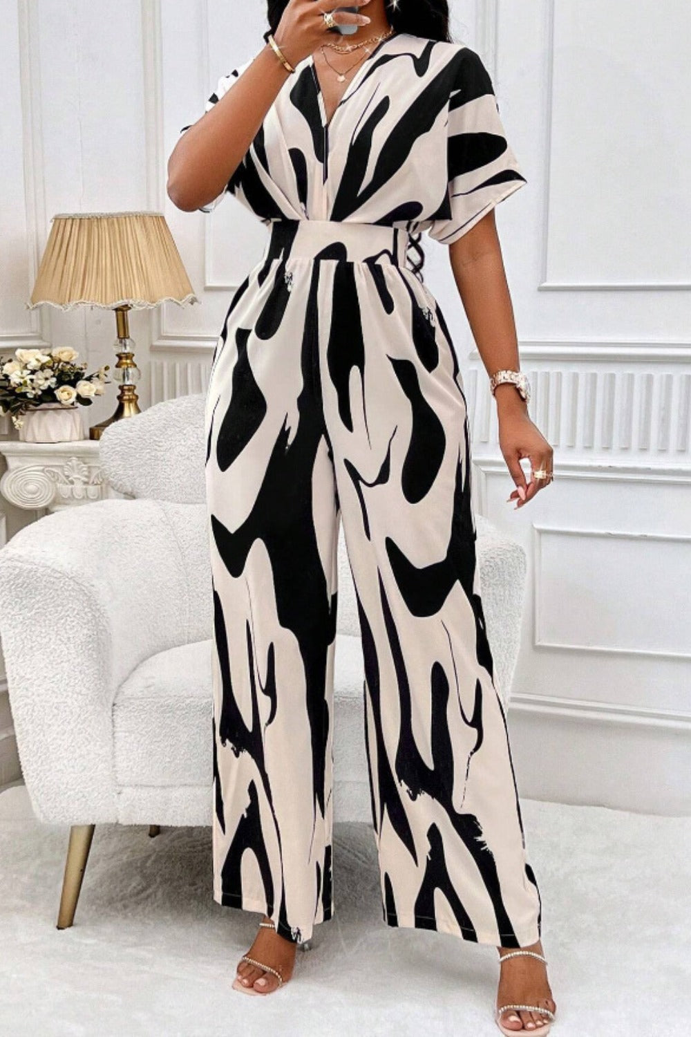 Printed V-Neck Short Sleeve Wide Leg Jumpsuit (4 Variants)