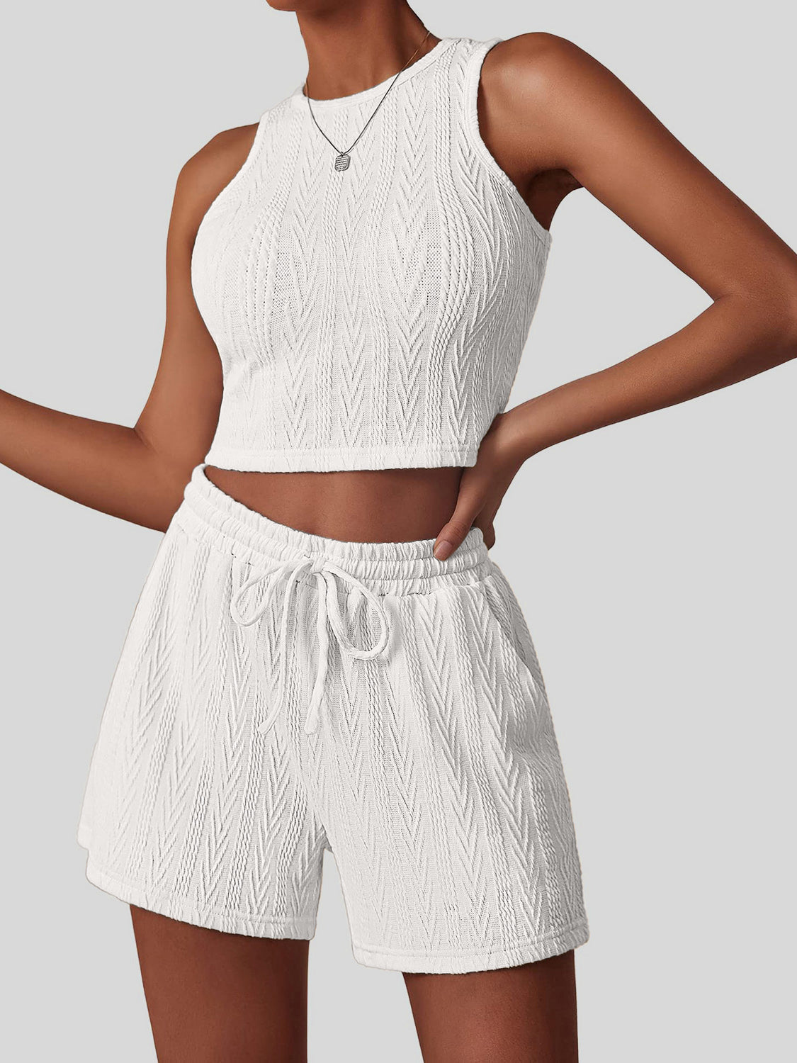 Textured Round Neck Top and Shorts Set