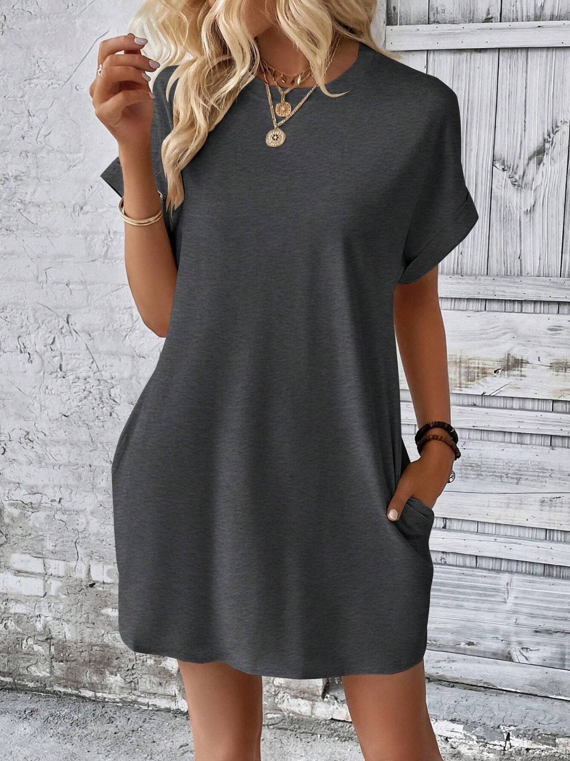 Round Neck Short Sleeve Mini Dress (8 Variants)