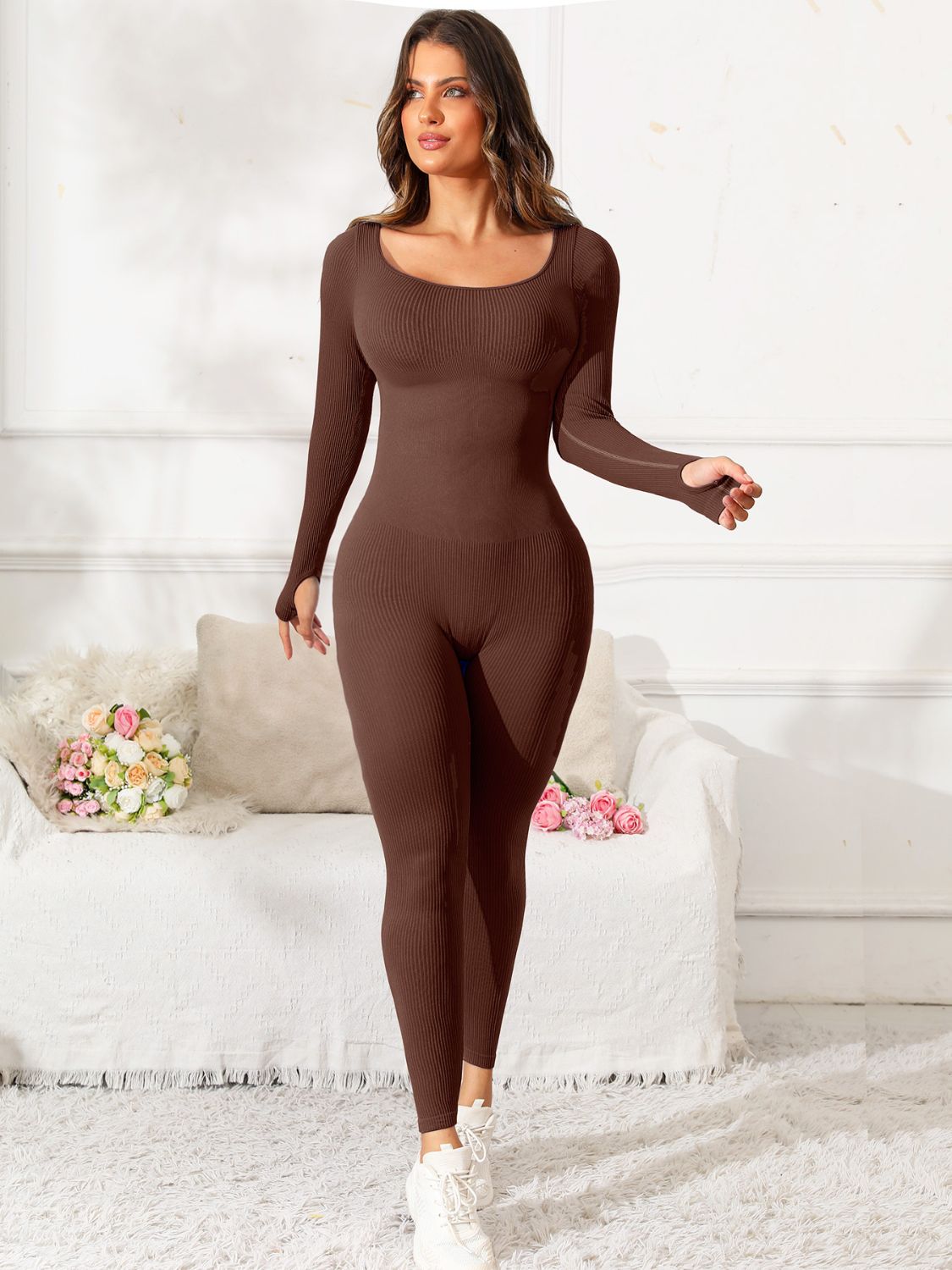 Scoop Neck Long Sleeve Active Jumpsuit (5 Variants)