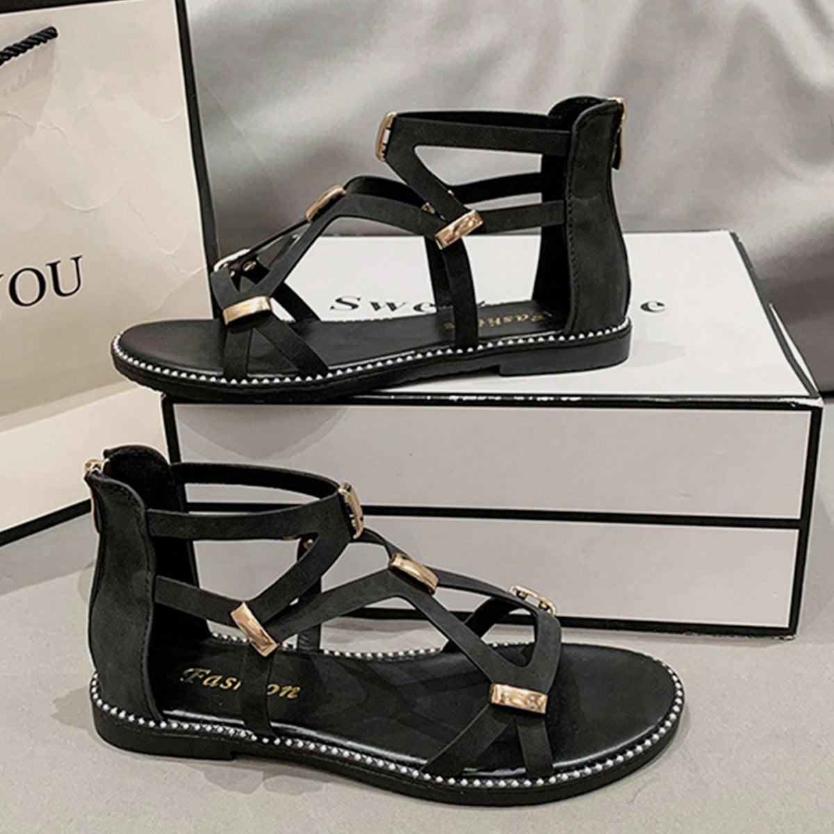 Open Toe Back Zipper Flat Sandals (2 Variants)