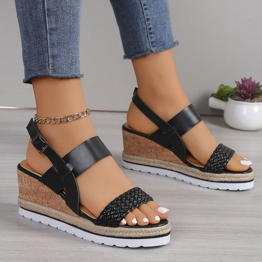 PU Leather Woven Wedge Sandals