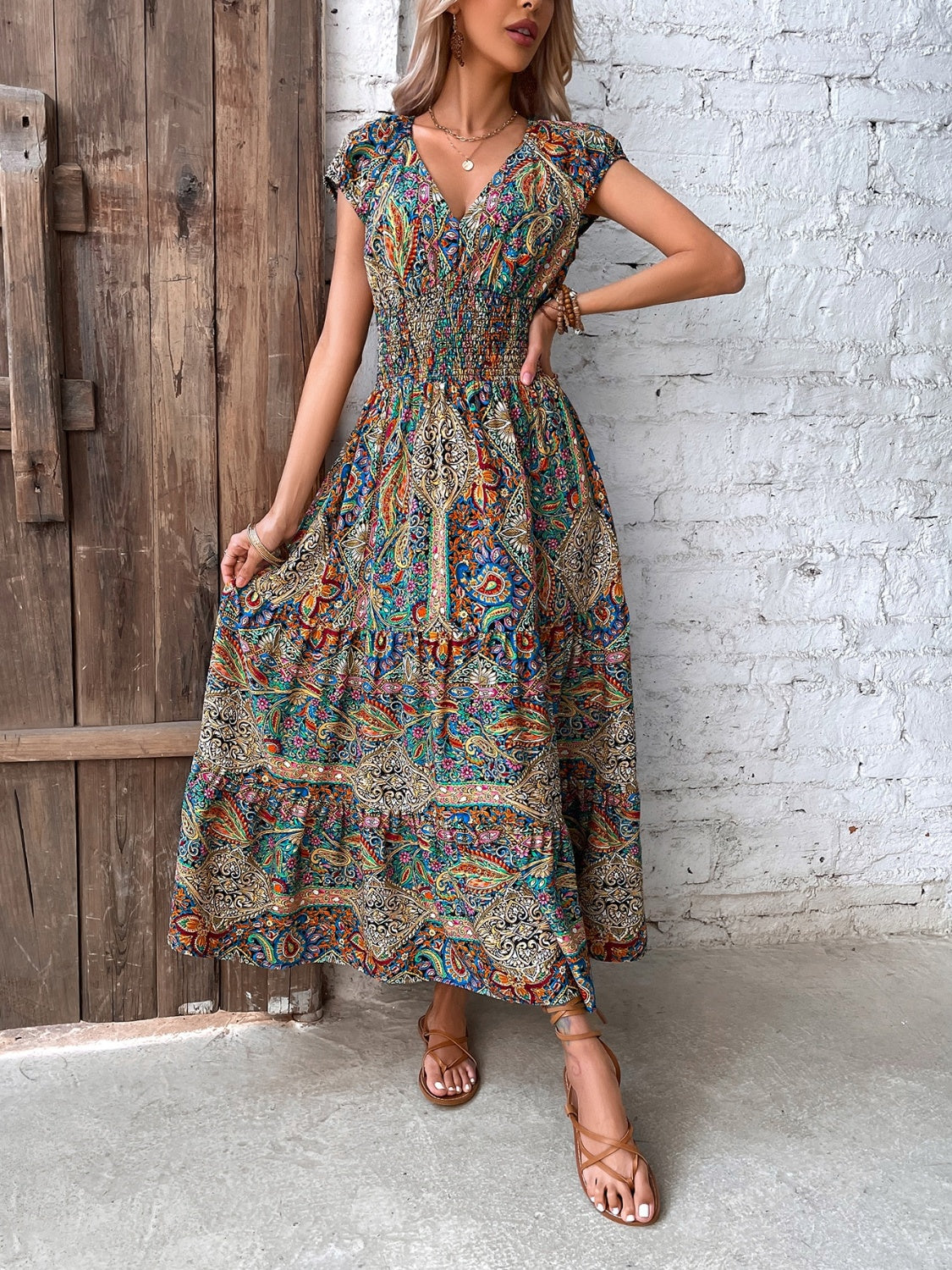 Smocked Printed Cap Sleeve Midi Dress (2 Variants)