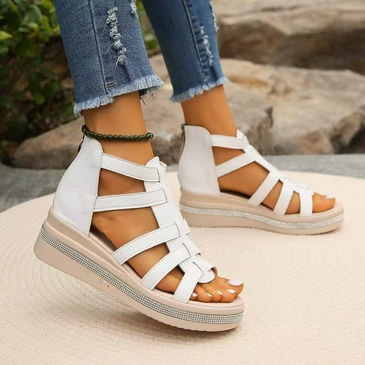 Cutout Rhinestone Trim Wedge Sandals (2 Variants)