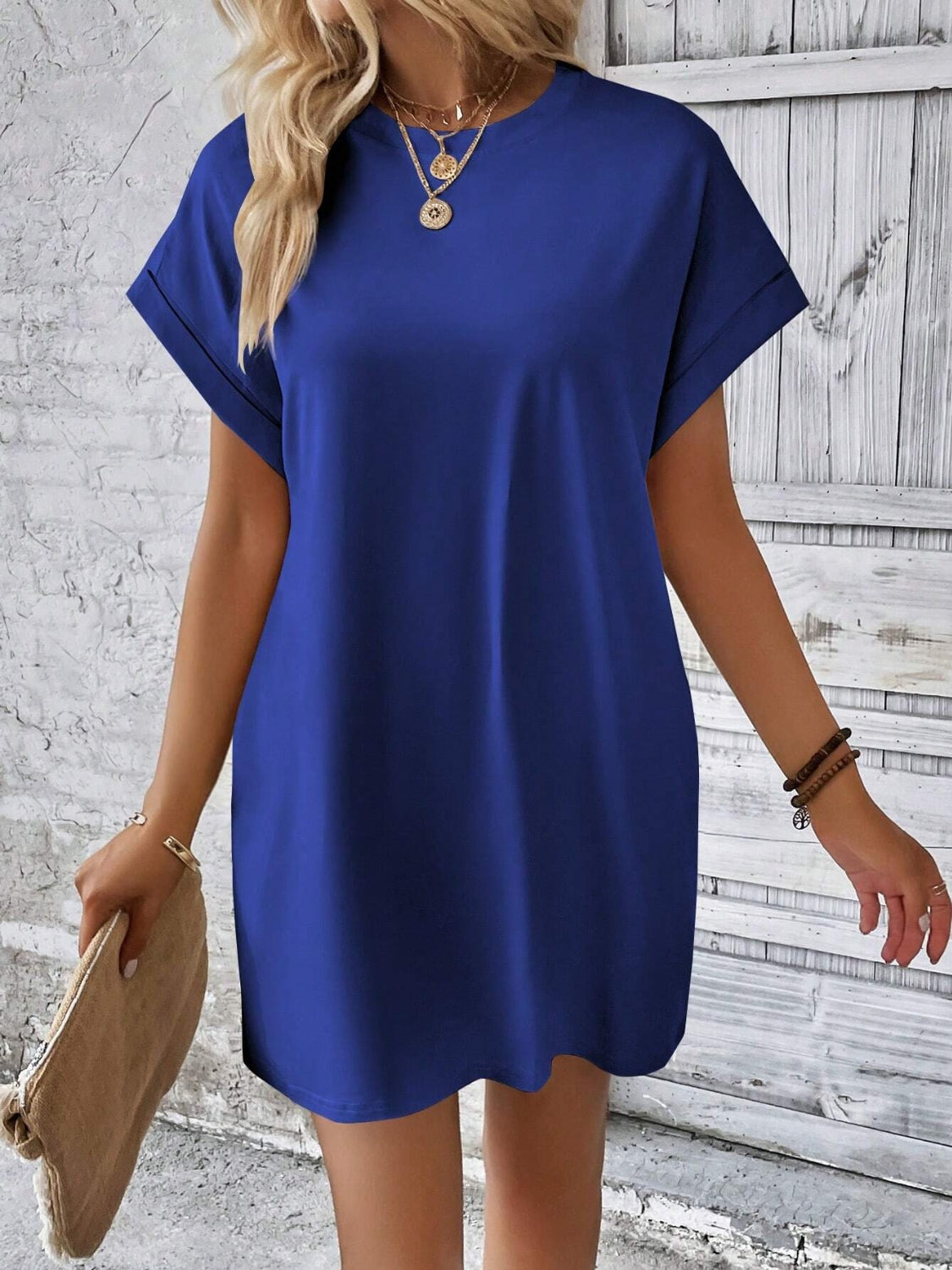 Round Neck Short Sleeve Mini Dress (8 Variants)