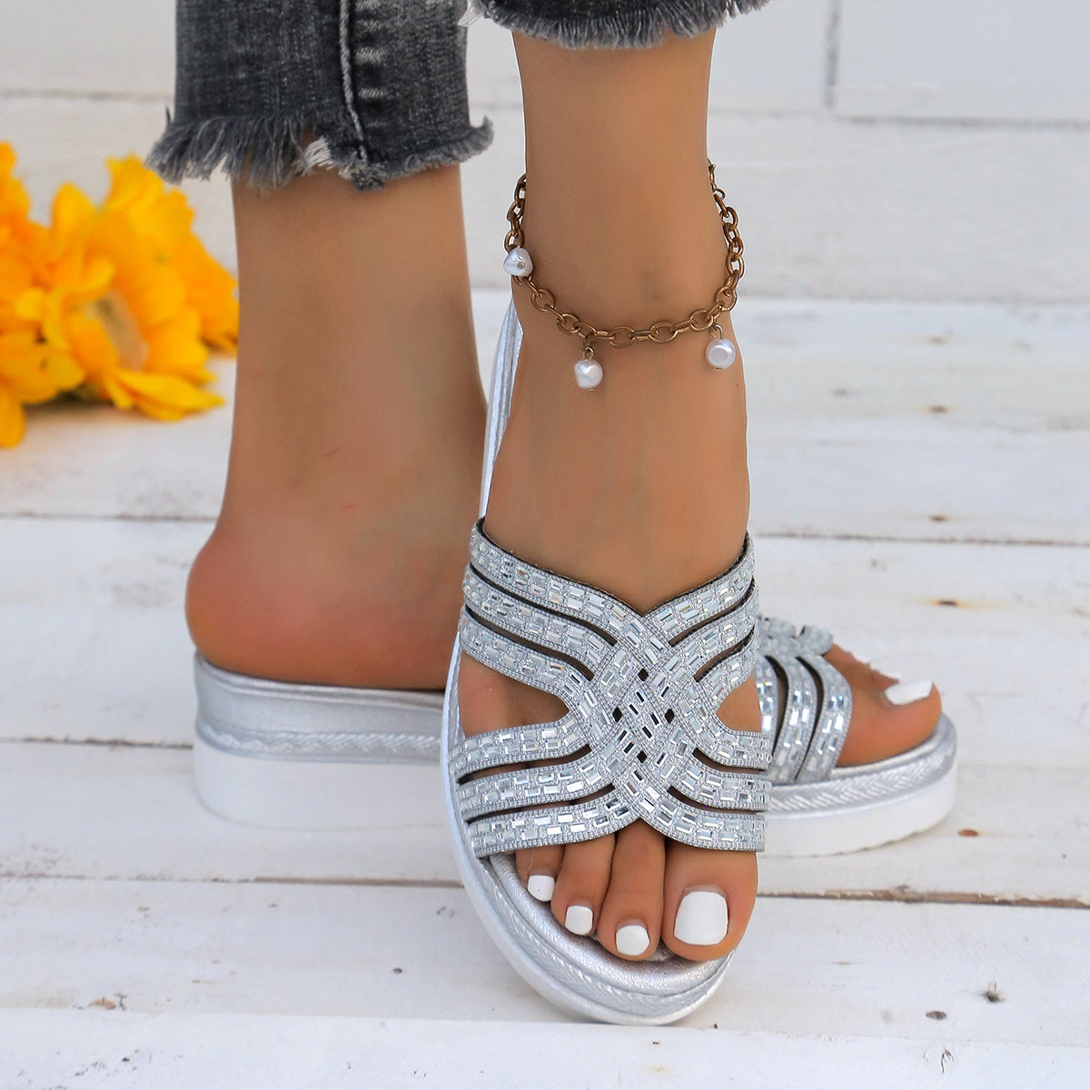 Rhinestone Open Toe Wedge Sandals (2 Variants)