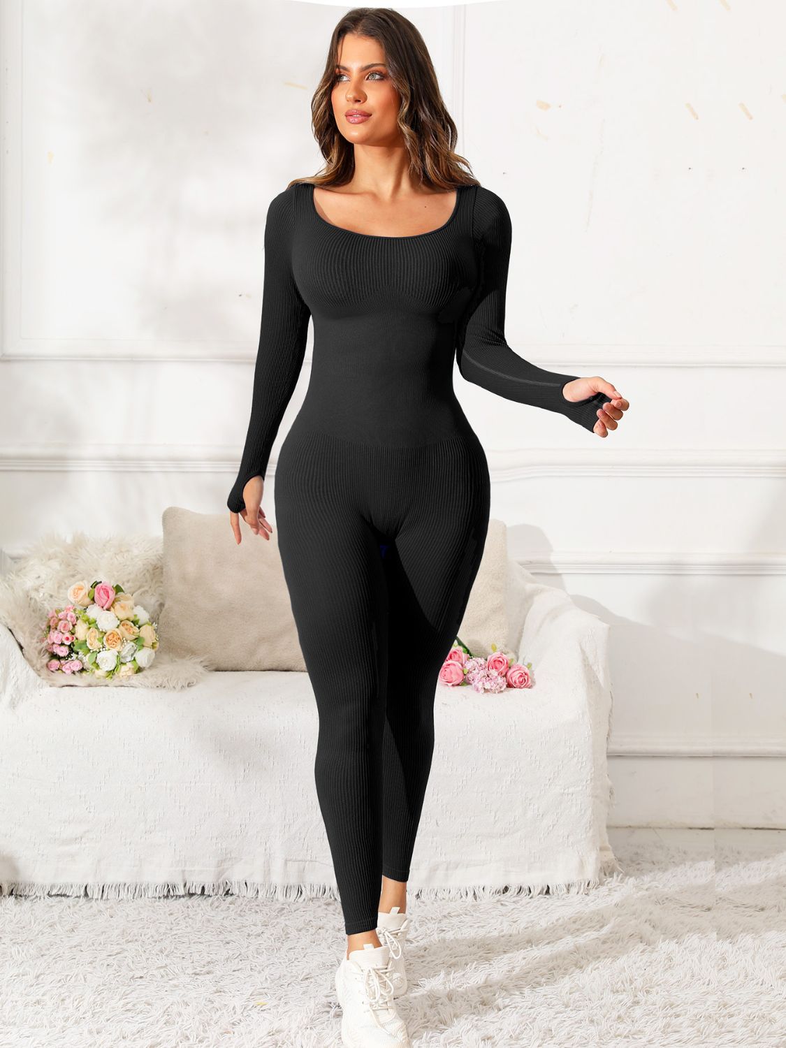 Scoop Neck Long Sleeve Active Jumpsuit (5 Variants)