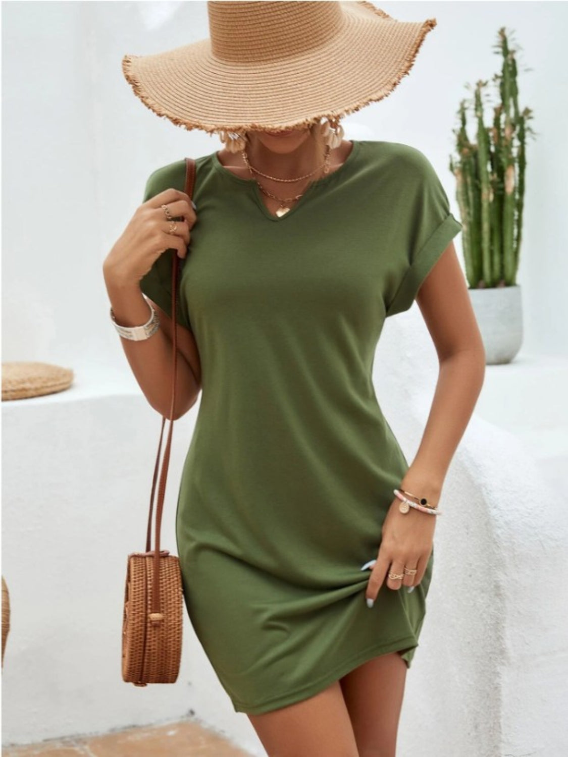 Notched Short Sleeve Mini Tee Dress (5 Variants)