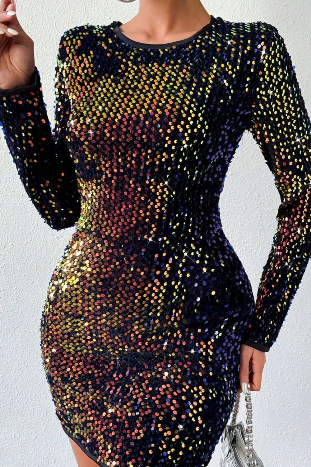 Sequin Round Neck Long Sleeve Mini Dress