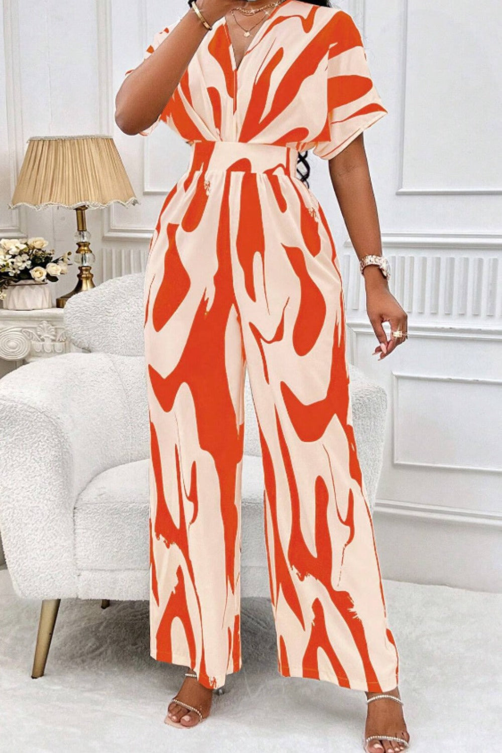 Printed V-Neck Short Sleeve Wide Leg Jumpsuit (4 Variants)