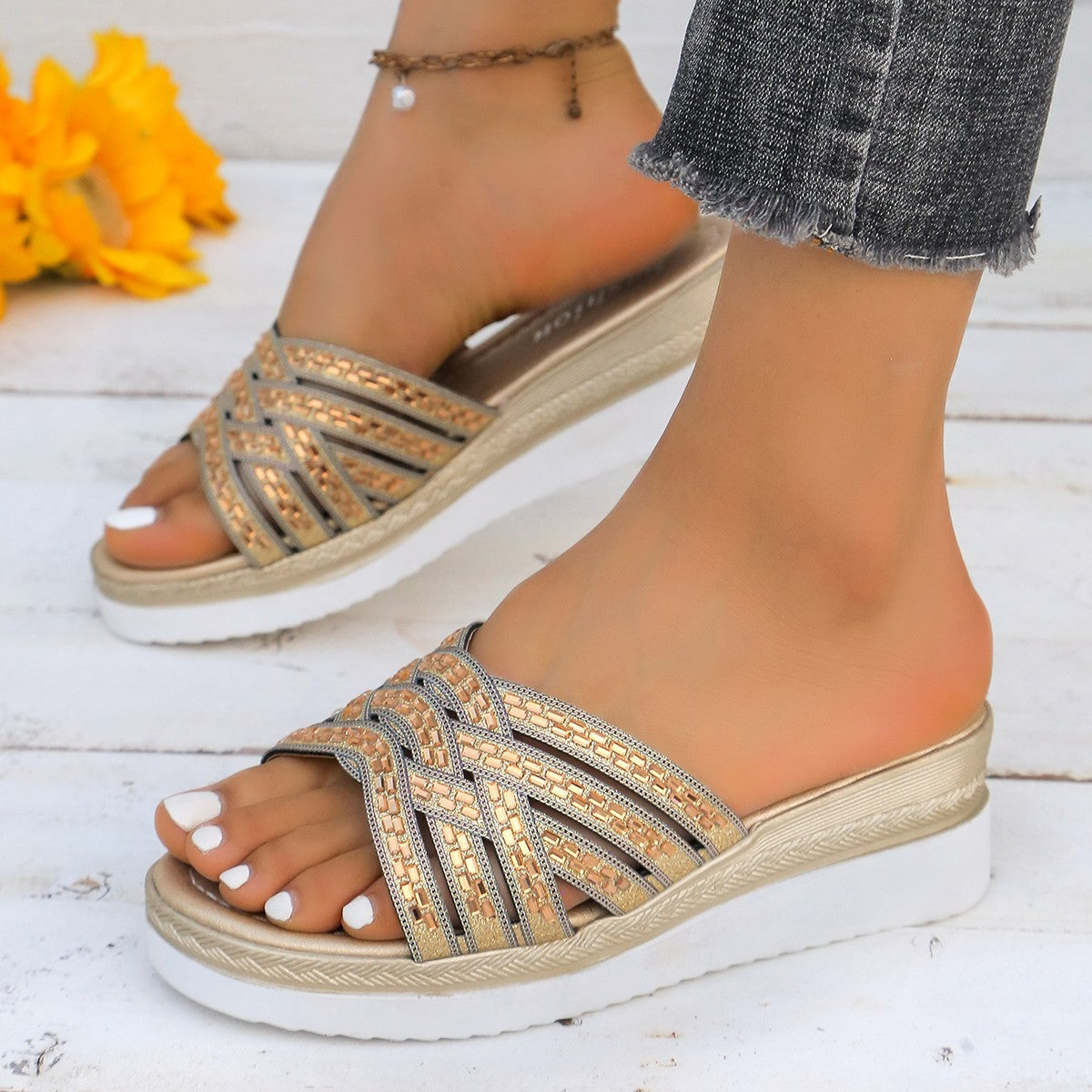 Rhinestone Open Toe Wedge Sandals (2 Variants)