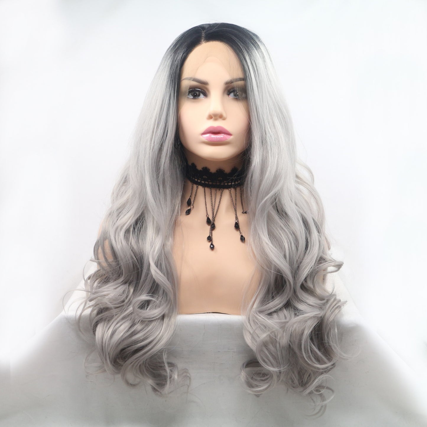 24'' Gray/Black Roots Deep Spiral Wave Lace Front Synthetic Wig