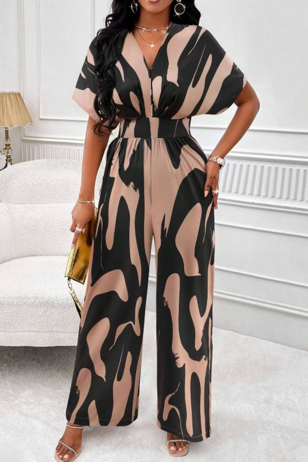 Printed V-Neck Short Sleeve Wide Leg Jumpsuit (4 Variants)