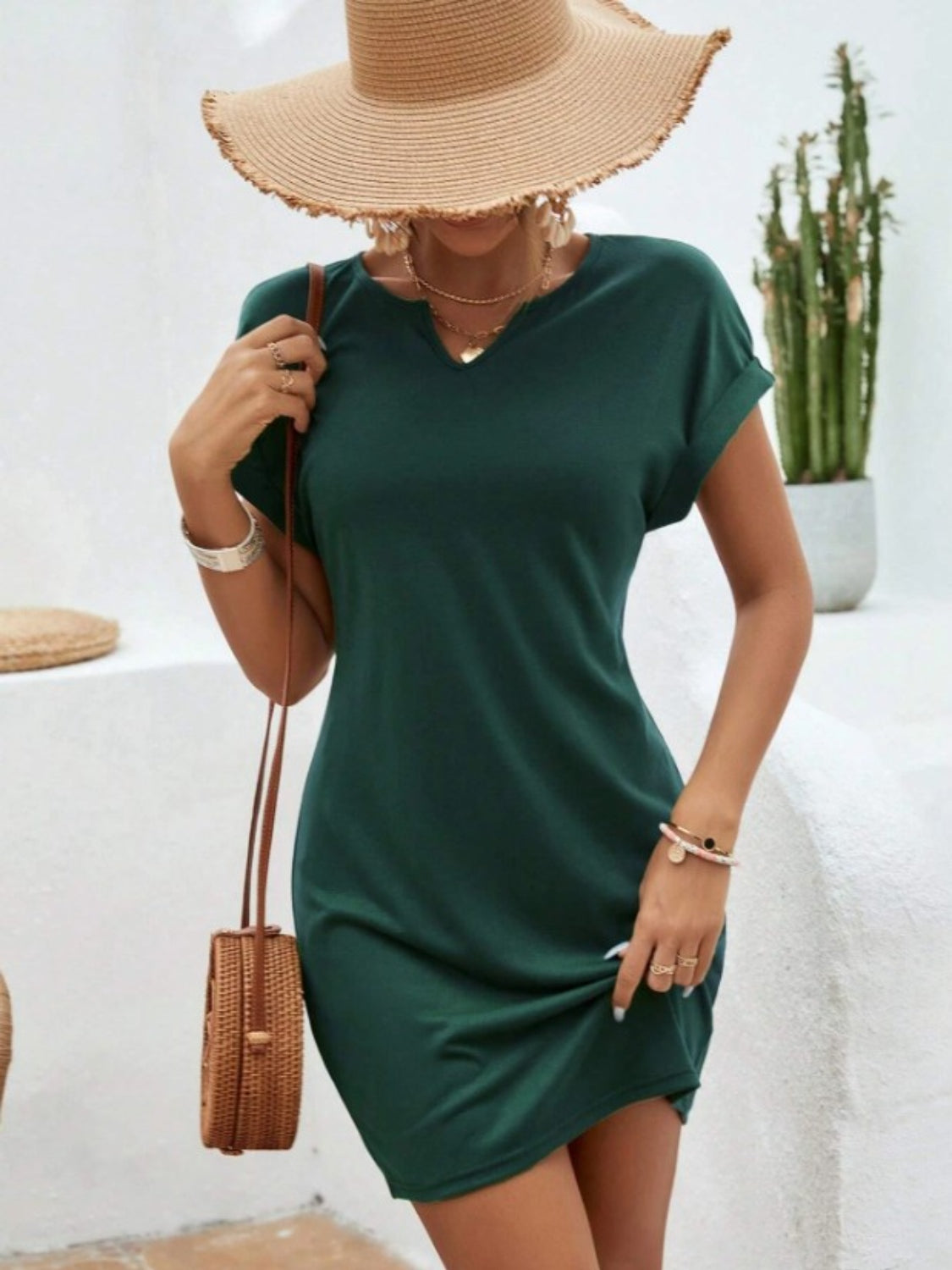 Notched Short Sleeve Mini Tee Dress (5 Variants)