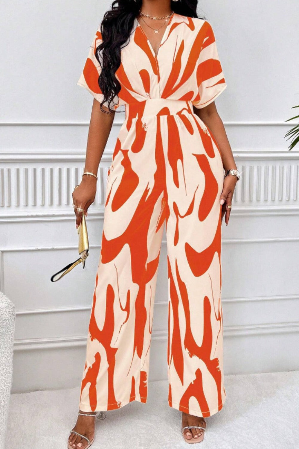 Printed V-Neck Short Sleeve Wide Leg Jumpsuit (4 Variants)