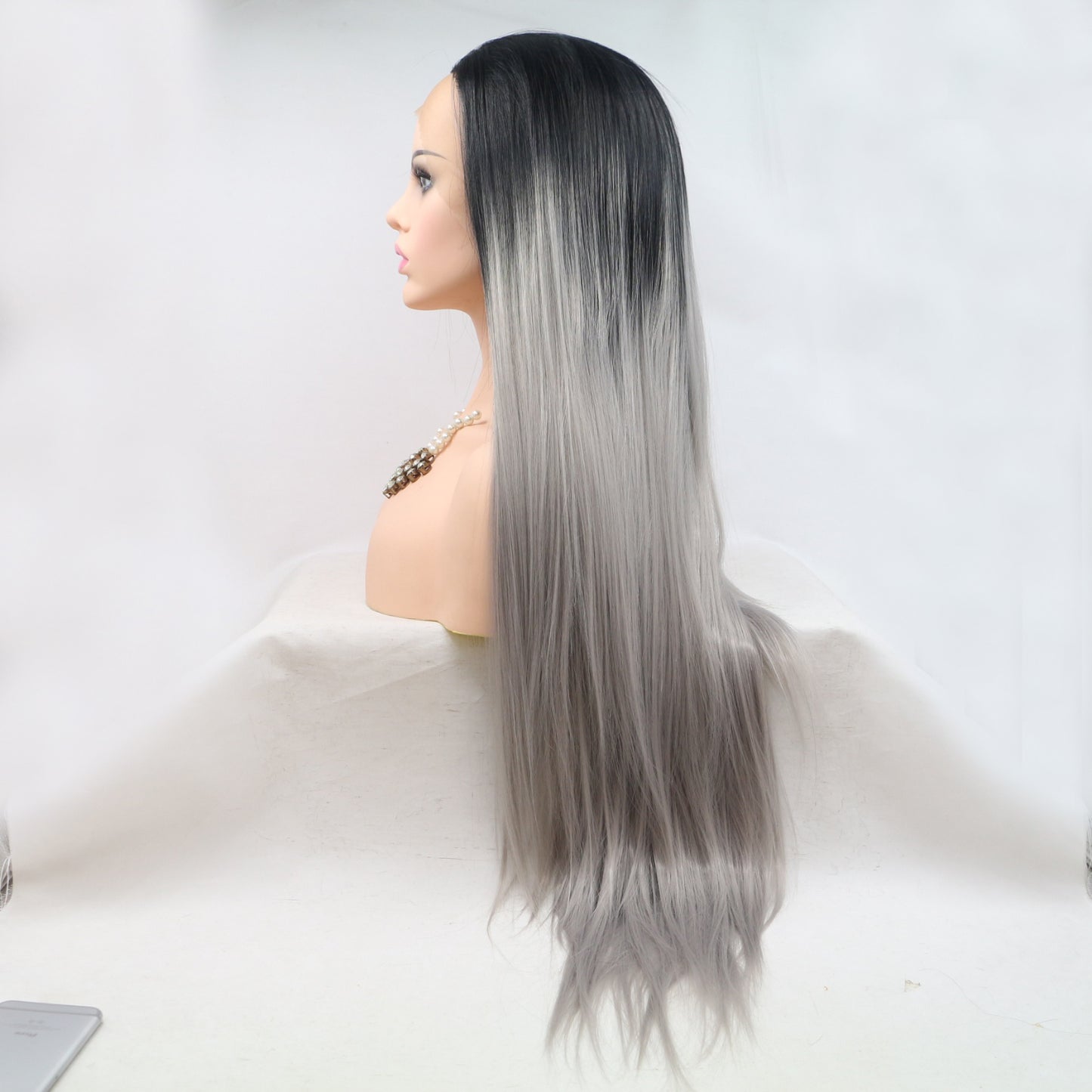 24'' Gray/Black Ombre Long Straight Lace Front Synthetic Wig