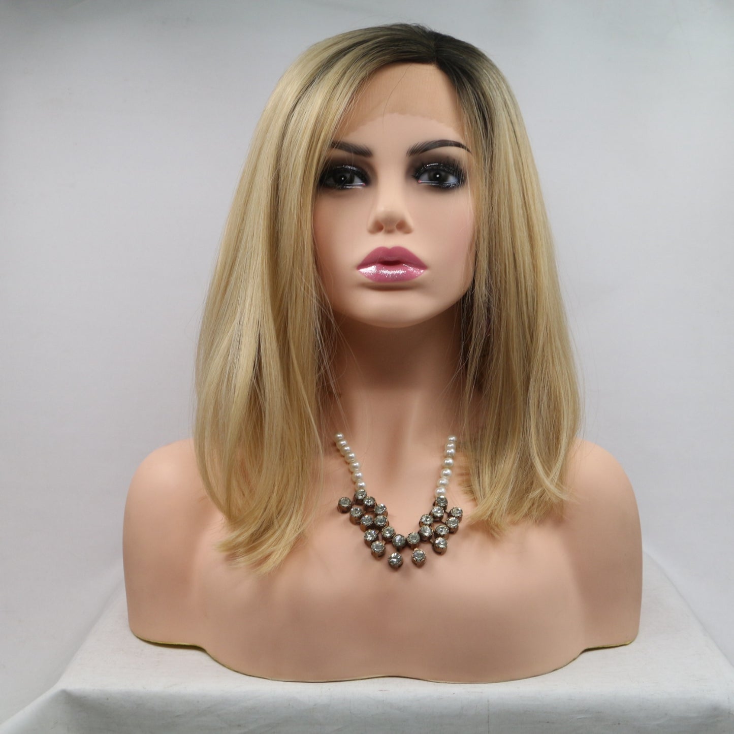 12" Blonde/Brown Root Straight Lace Front Synthetic Mid-length Wig