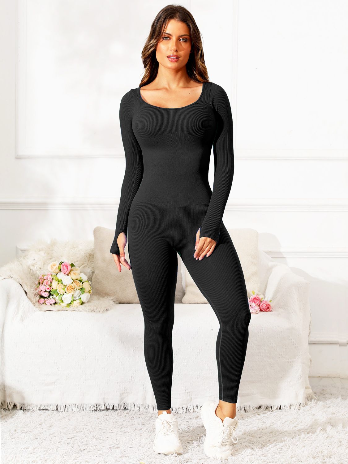 Scoop Neck Long Sleeve Active Jumpsuit (5 Variants)