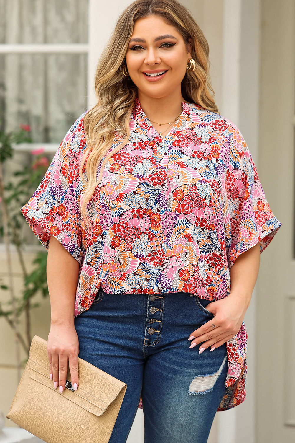 Plus Size Printed Notched Neck Half Sleeve Top