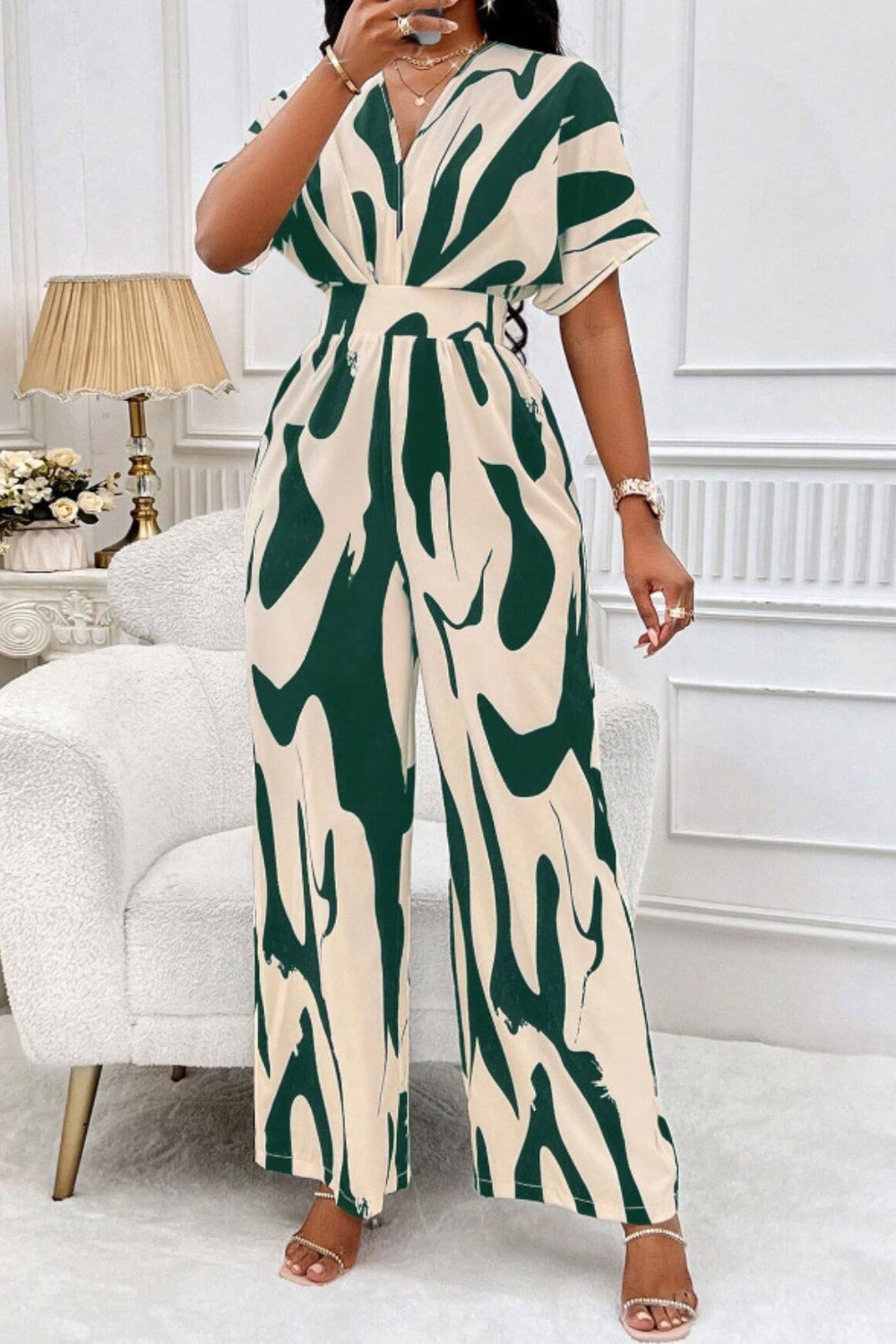 Printed V-Neck Short Sleeve Wide Leg Jumpsuit (4 Variants)