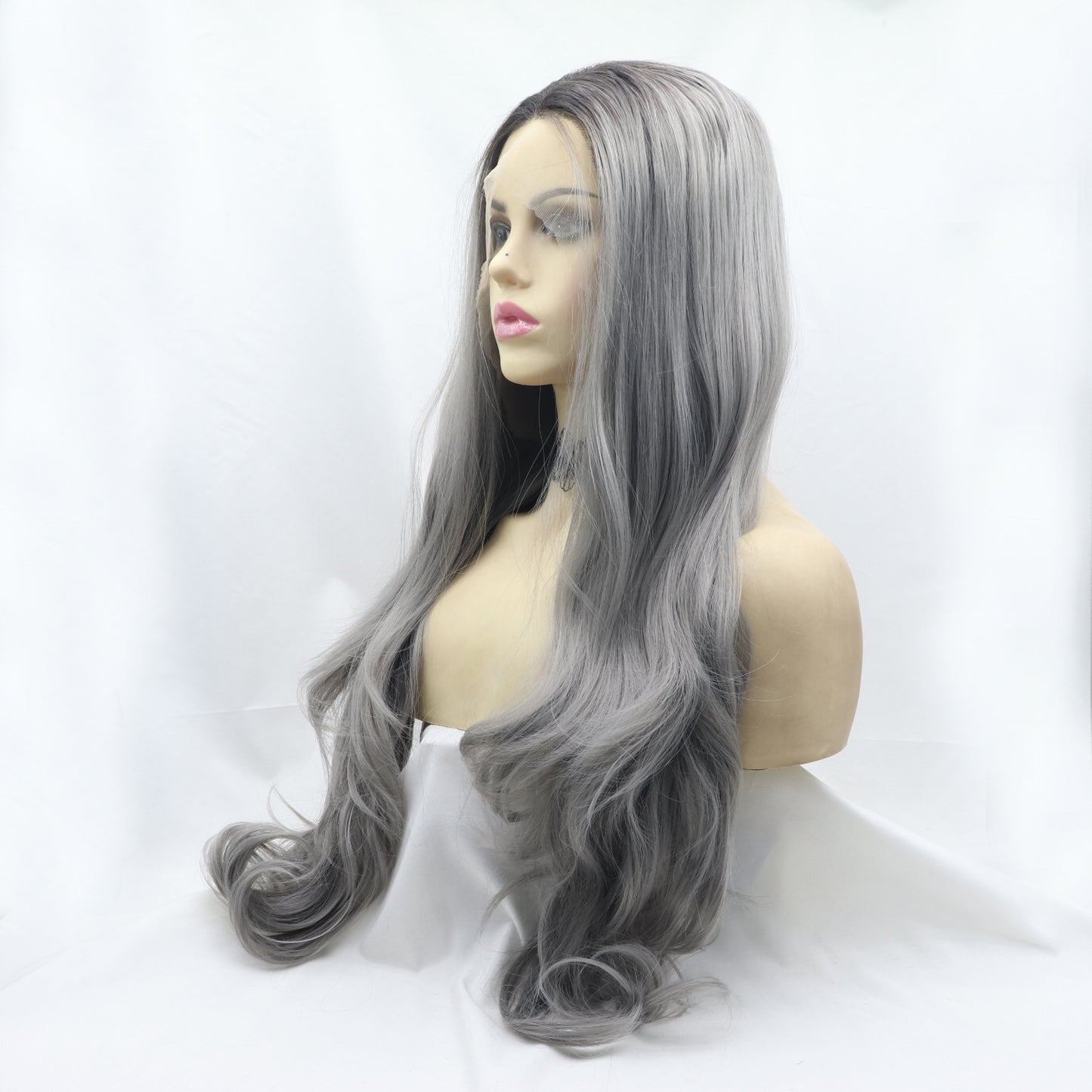 24'' Gray/Brown Root Long Wavy Lace Front Synthetic Wig