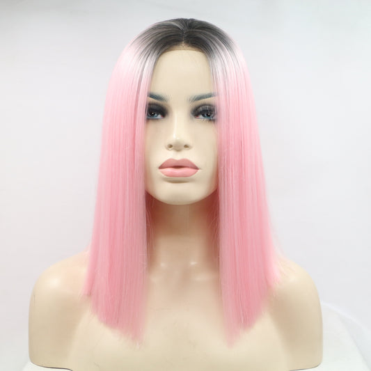 12" Pink/Brown Root Straight Lace Front Synthetic Mid-length Wig