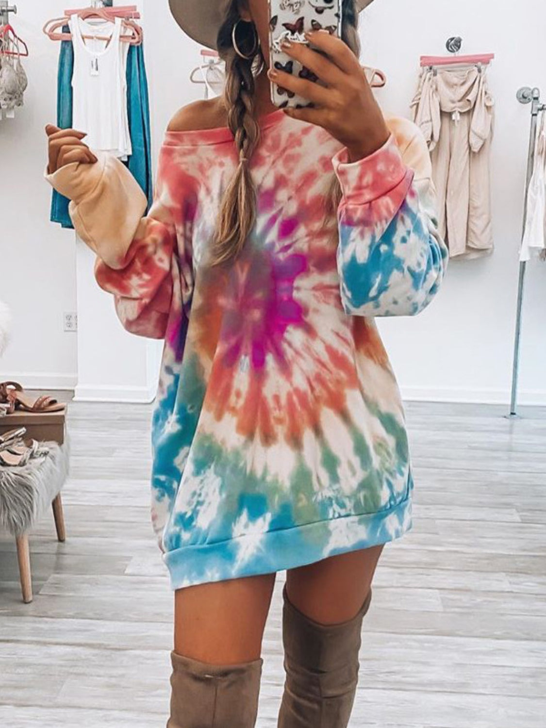 Full Size Tie-Dye Round Neck Long Sleeve Dress