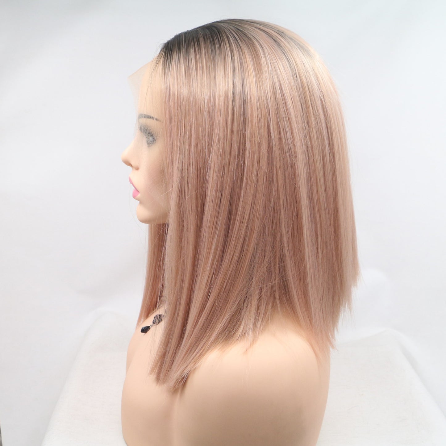 12" Blonde/Pink/Brown Root Straight Lace Front Synthetic Mid-length Wig