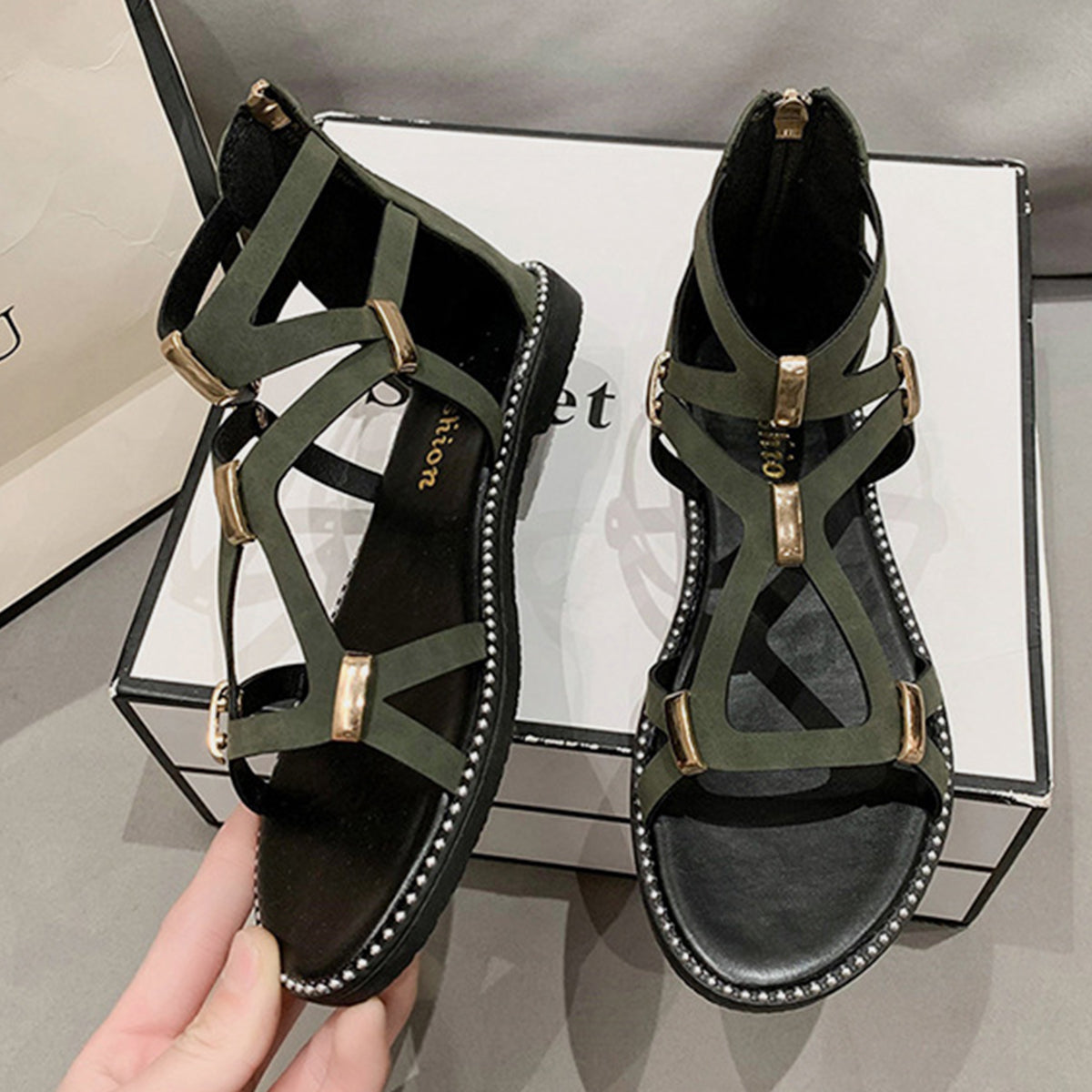 Open Toe Back Zipper Flat Sandals (2 Variants)