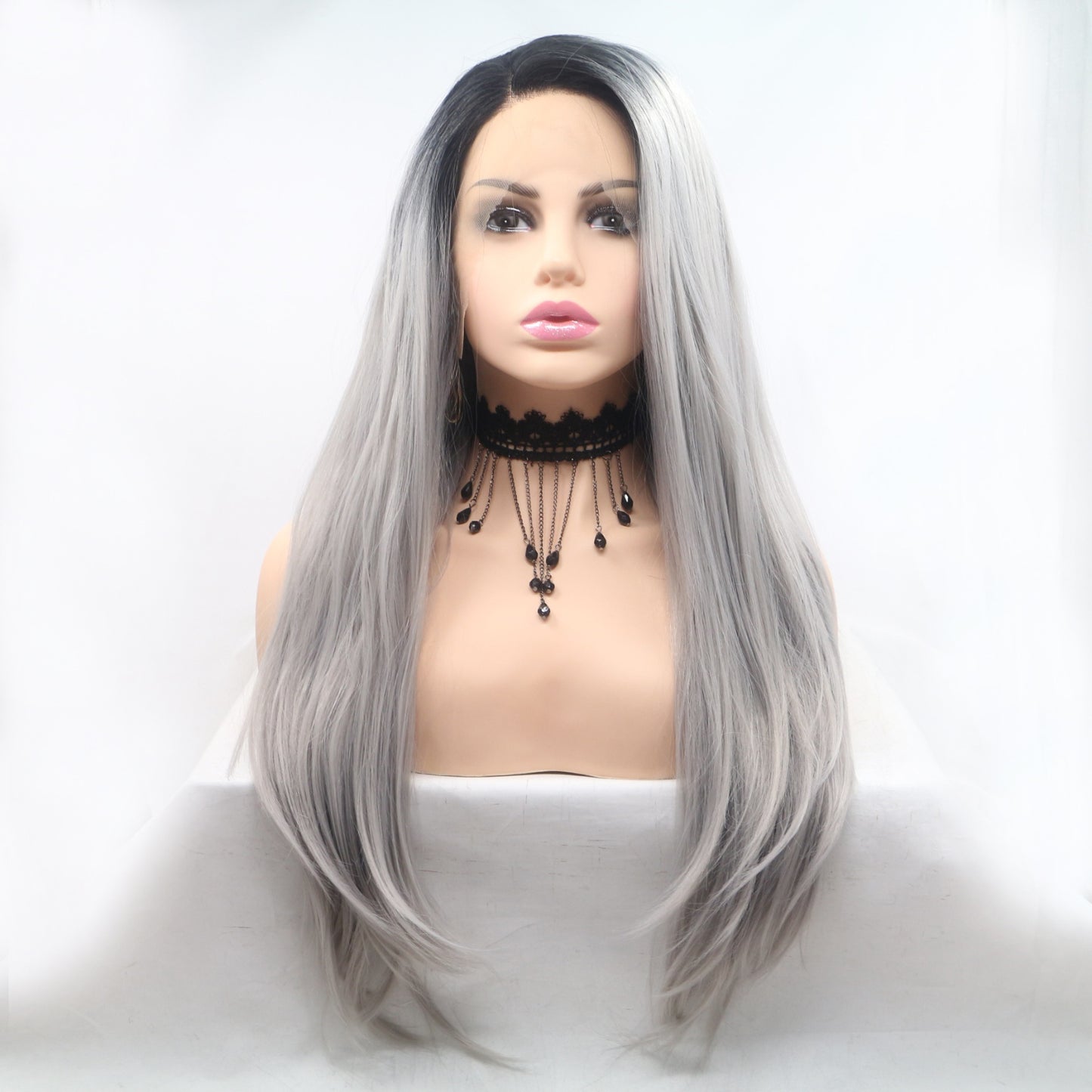 24" Gray/Black Root Long Straight Lace Front Synthetic Wig